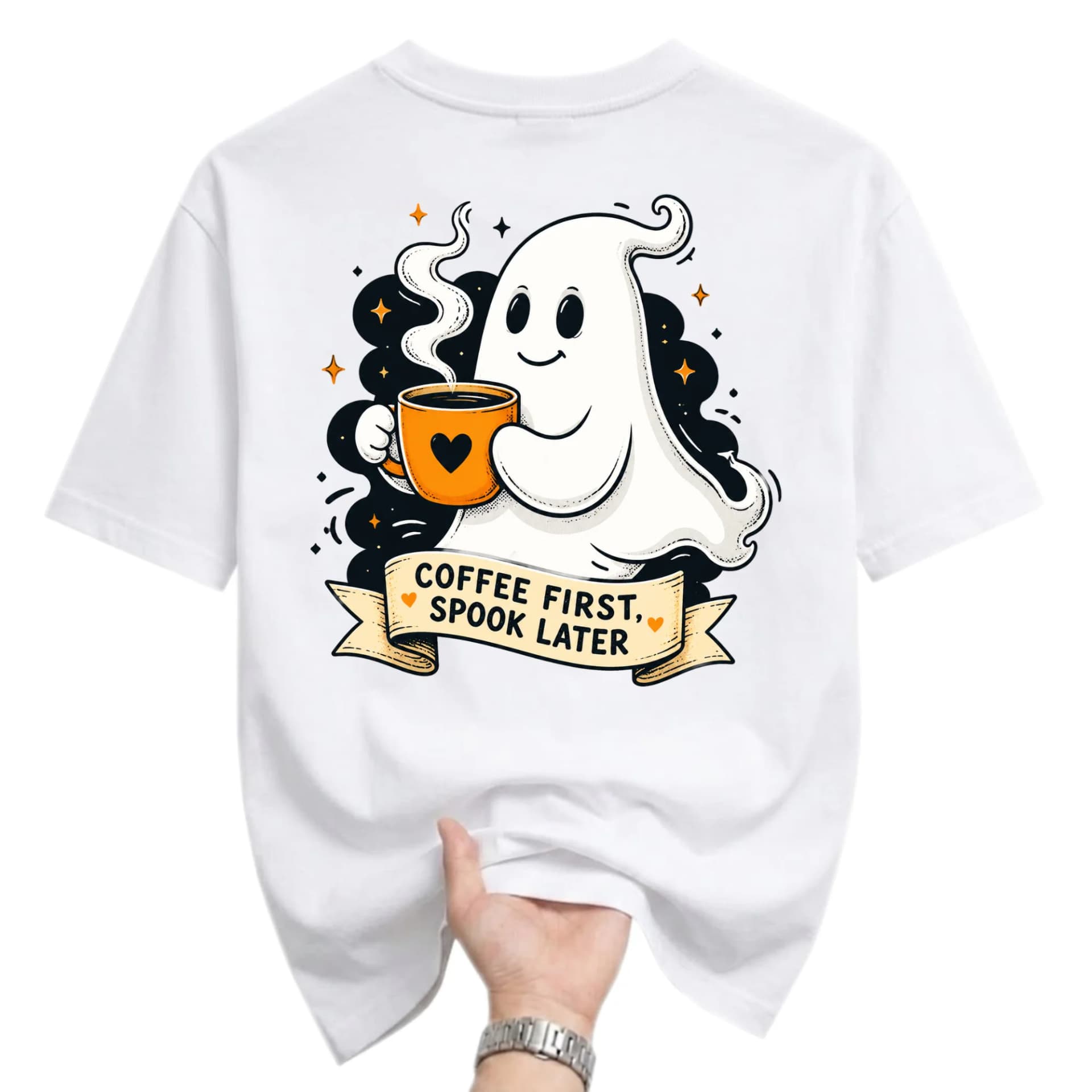 Funny Shirt Coffee First Spook Later Graphic Tee Cute Ghost Illustration Casual Unisex Short Sleeve Crew Neck Top