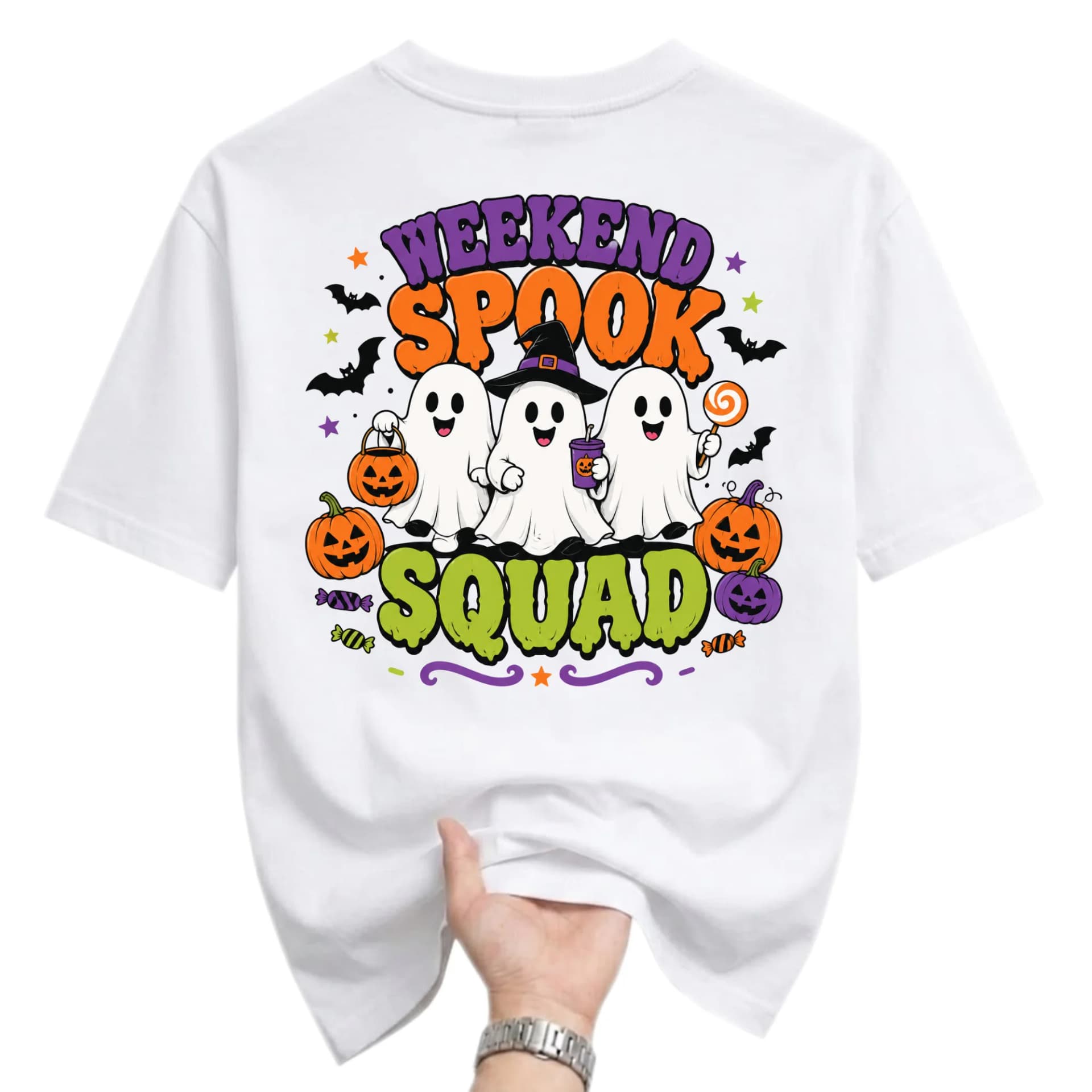 Funny Shirt Weekend Spook Squad Graphic Tee Cute Ghost Illustration Halloween Casual Unisex Crew Neck T-Shirt White