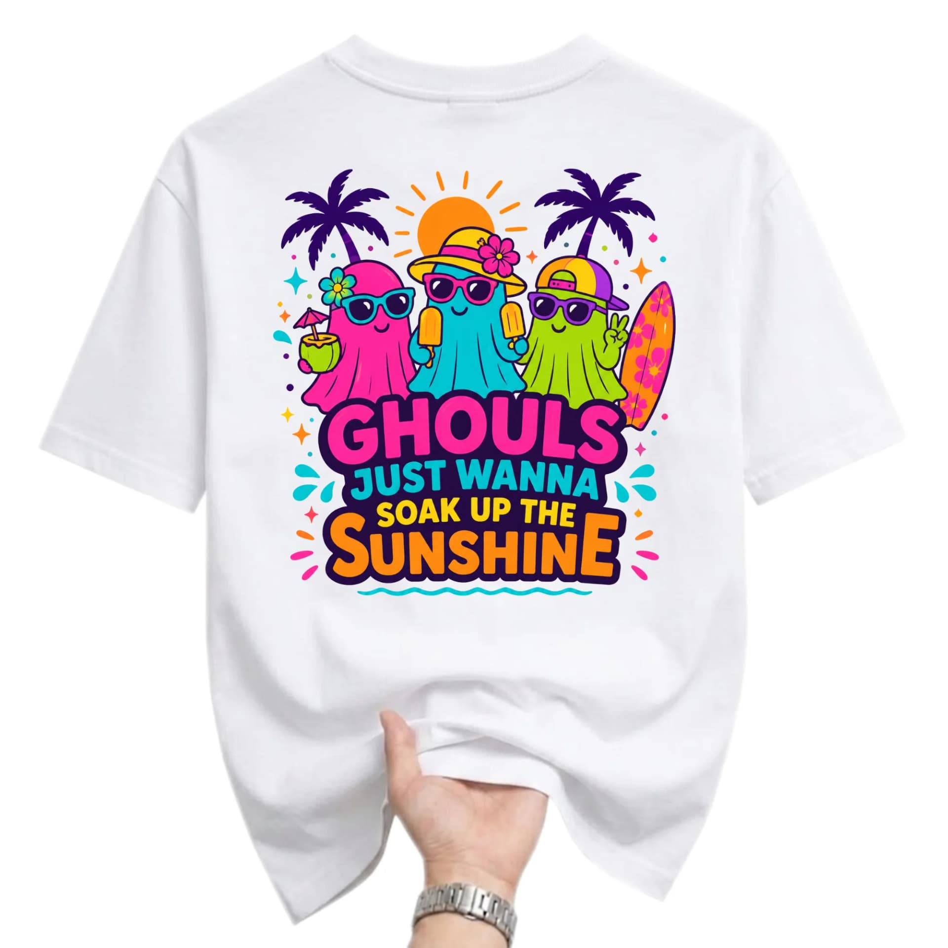 Graphic Tee Ghouls Just Wanna Soak up the Sunshine Summer Beach Vibes Fun Cartoon Unisex Crew Neck T-Shirt