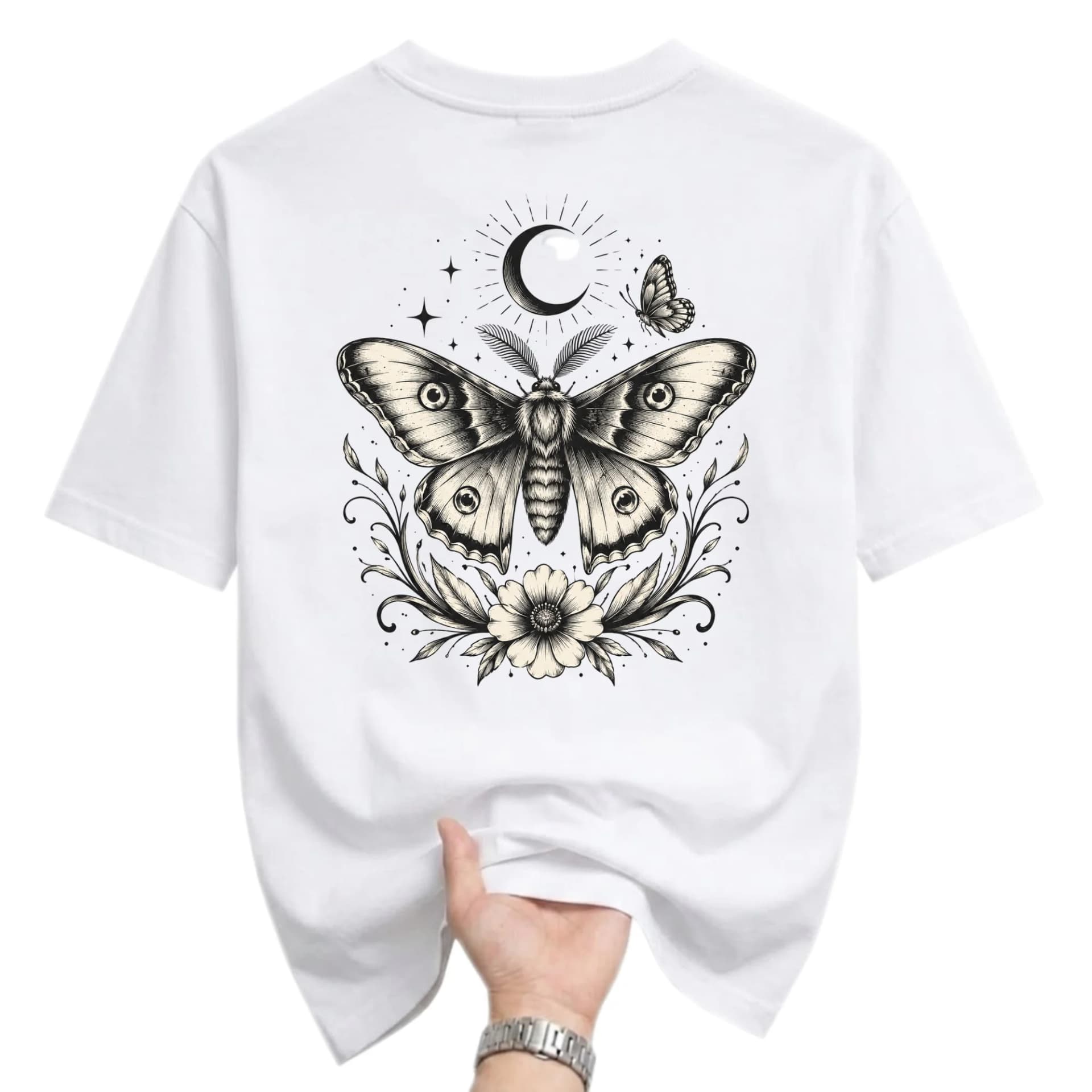 Graphic Tee Celestial Moth and Moon Illustration Unisex Short Sleeve Crew Neck Cotton Casual Everyday Apparel