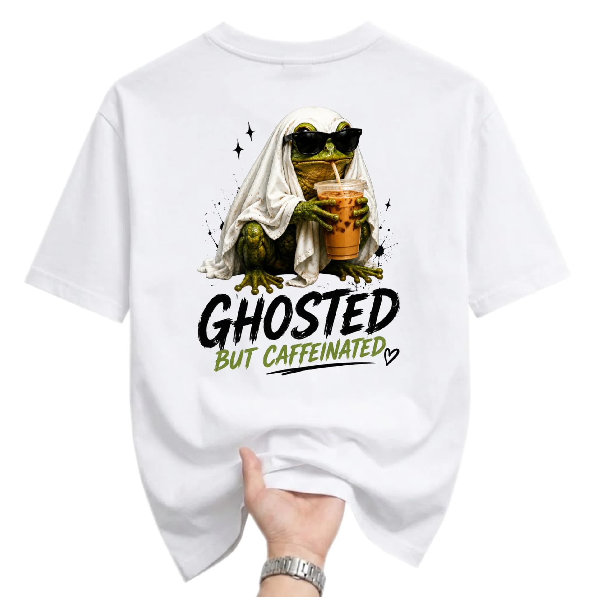 Funny Shirt Ghosted but Caffeinated Graphic Tee Featuring a Cool Toad Wearing a Ghost Sheet and Sunglasses