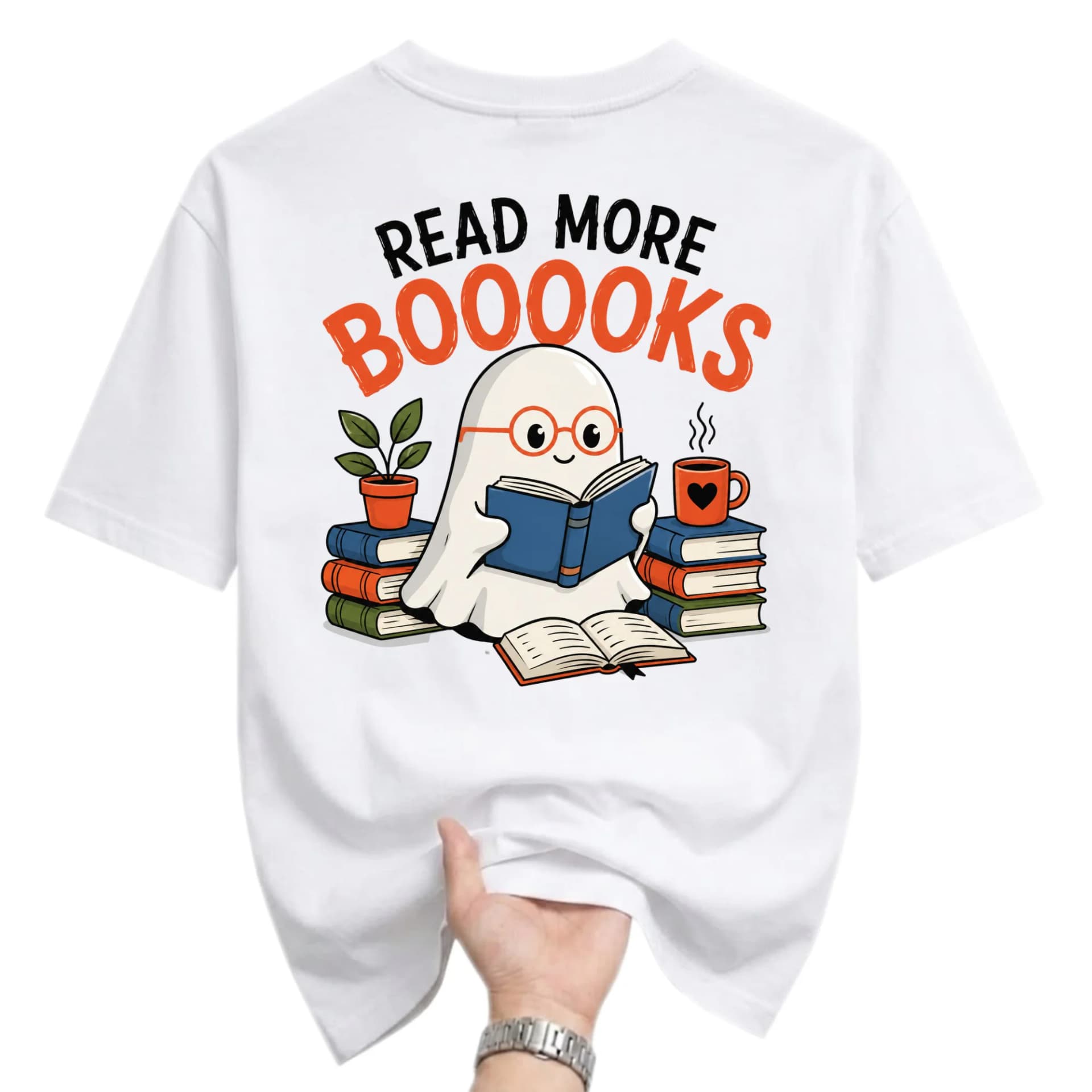 Graphic Tee Read More Booooks Ghost Reading Book Funny T-Shirt for Casual Wear and Everyday Comfortable Outfit