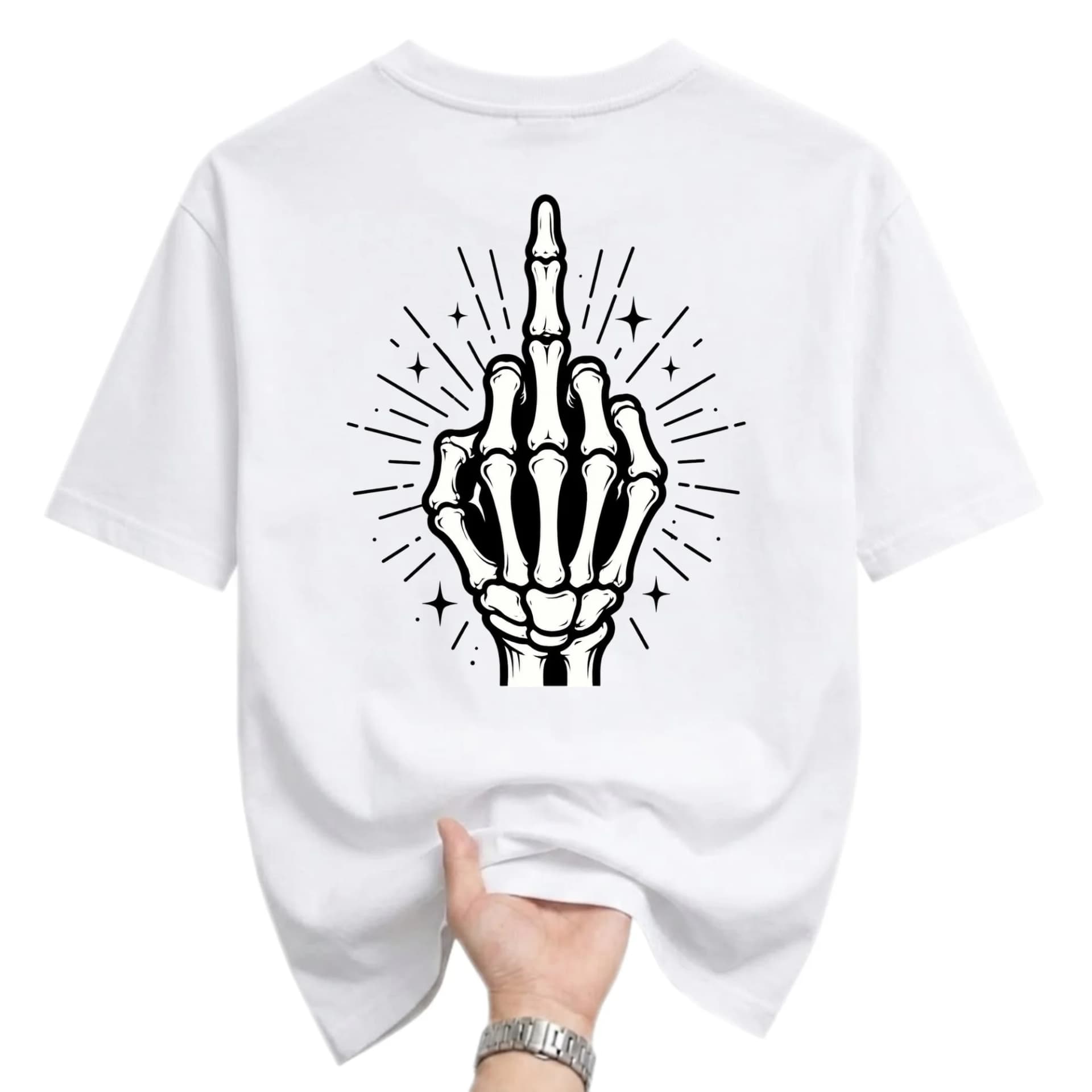 Graphic Tee Skeleton Hand Middle Finger Illustration Unisex Crew Neck Soft Cotton Casual Everyday Top White Shirt