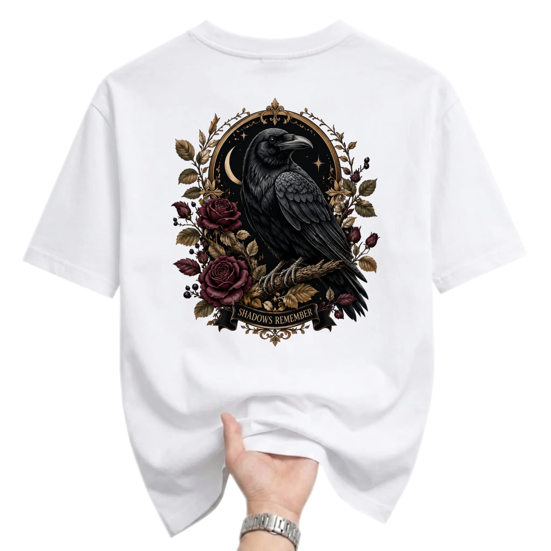 Graphic Tee Crow and Red Roses Illustration T-Shirt Featuring Shadows Remember Dark Aesthetic Botanical Gothic Apparel