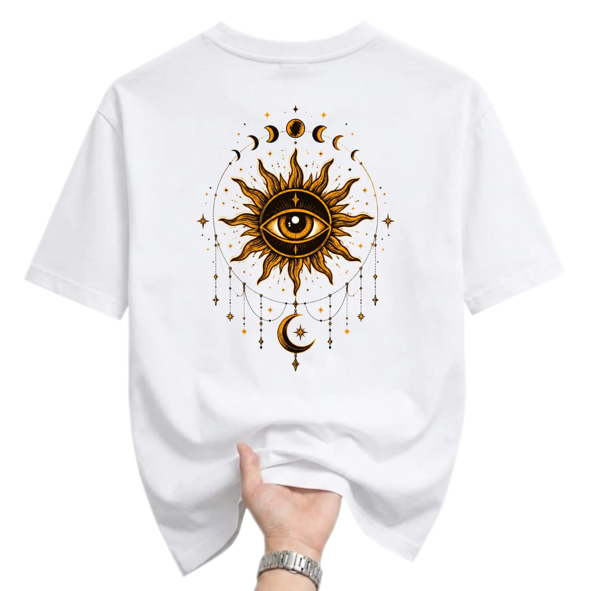 Graphic Tee Celestial Sun and Moon Eye Illustration Artistic Unisex Crew Neck Casual Everyday Wear Soft Cotton Shirt
