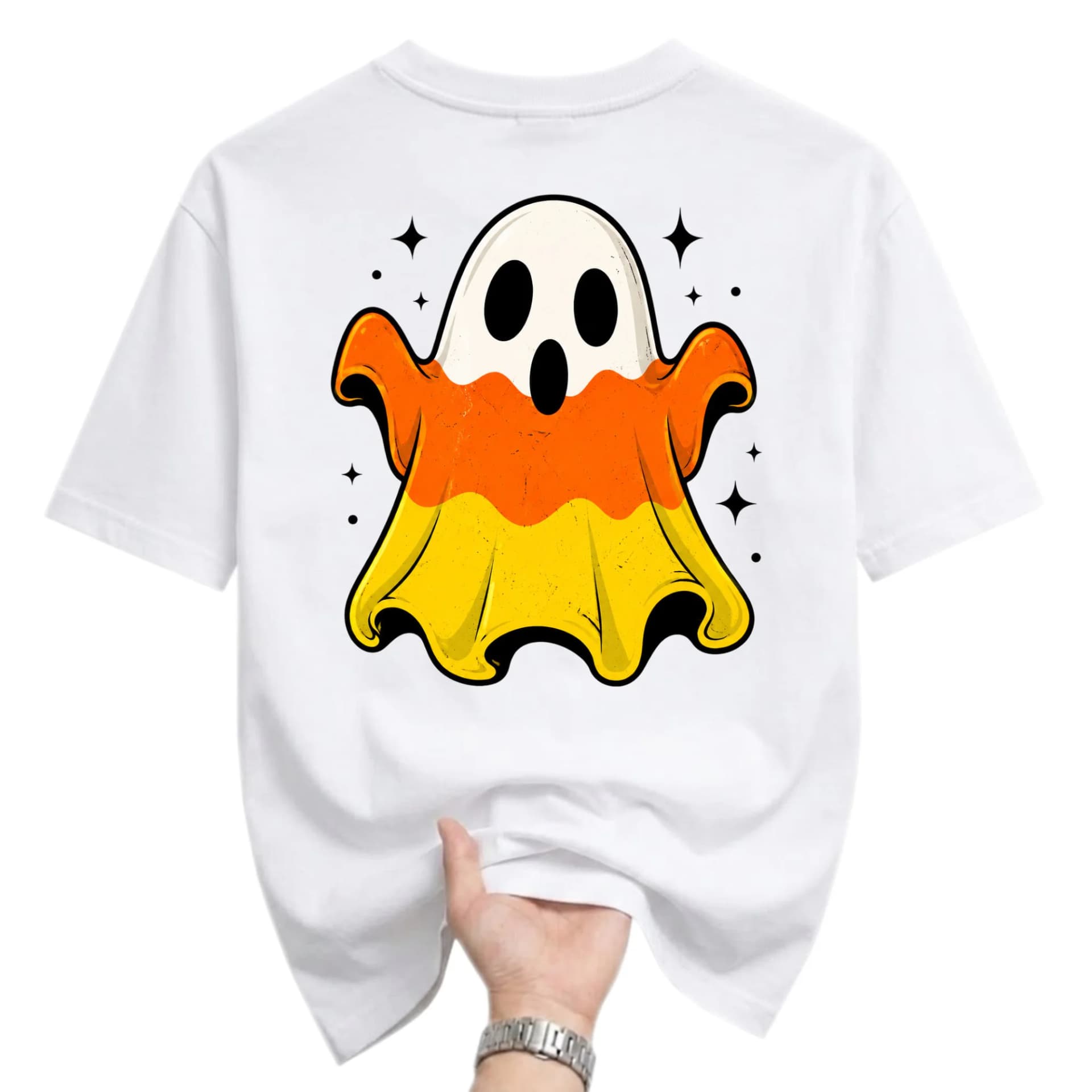 Graphic Tee Candy Corn Ghost Shirt Seasonal Spooky Fall Unisex Crew Neck Casual Everyday Wear Autumn Cotton Top