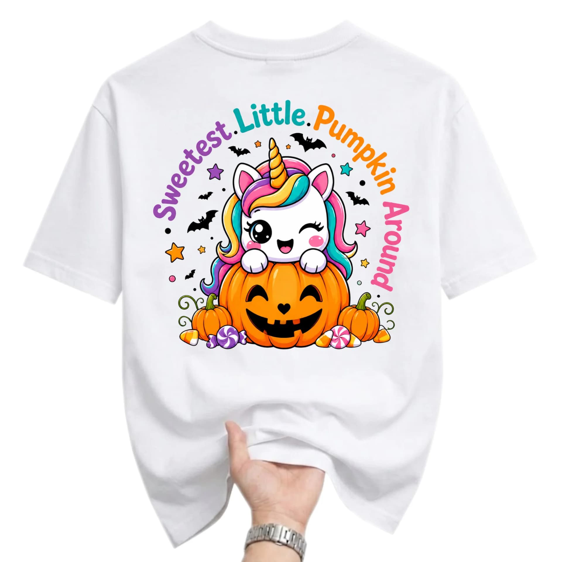 Graphic Tee Sweetest Little Pumpkin Around Unisex Shirt Featuring Cute Unicorn Sitting on a Jack O Lantern Pumpkin Design