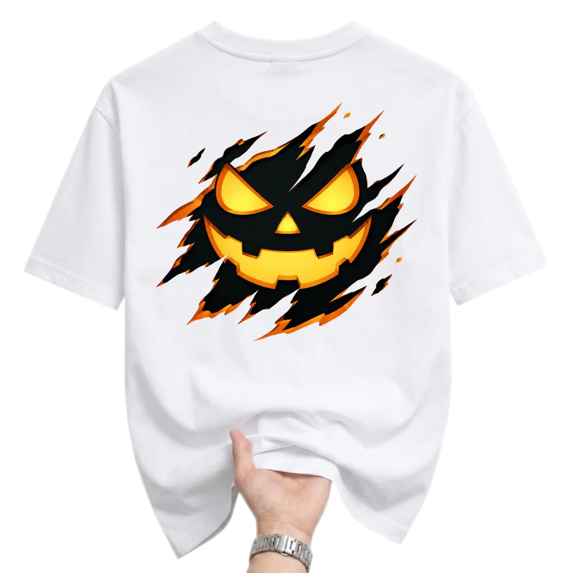 Graphic Tee Unisex Halloween Pumpkin Design Shirt with Claw Mark Rip Effect for Casual Everyday Holiday Wear White
