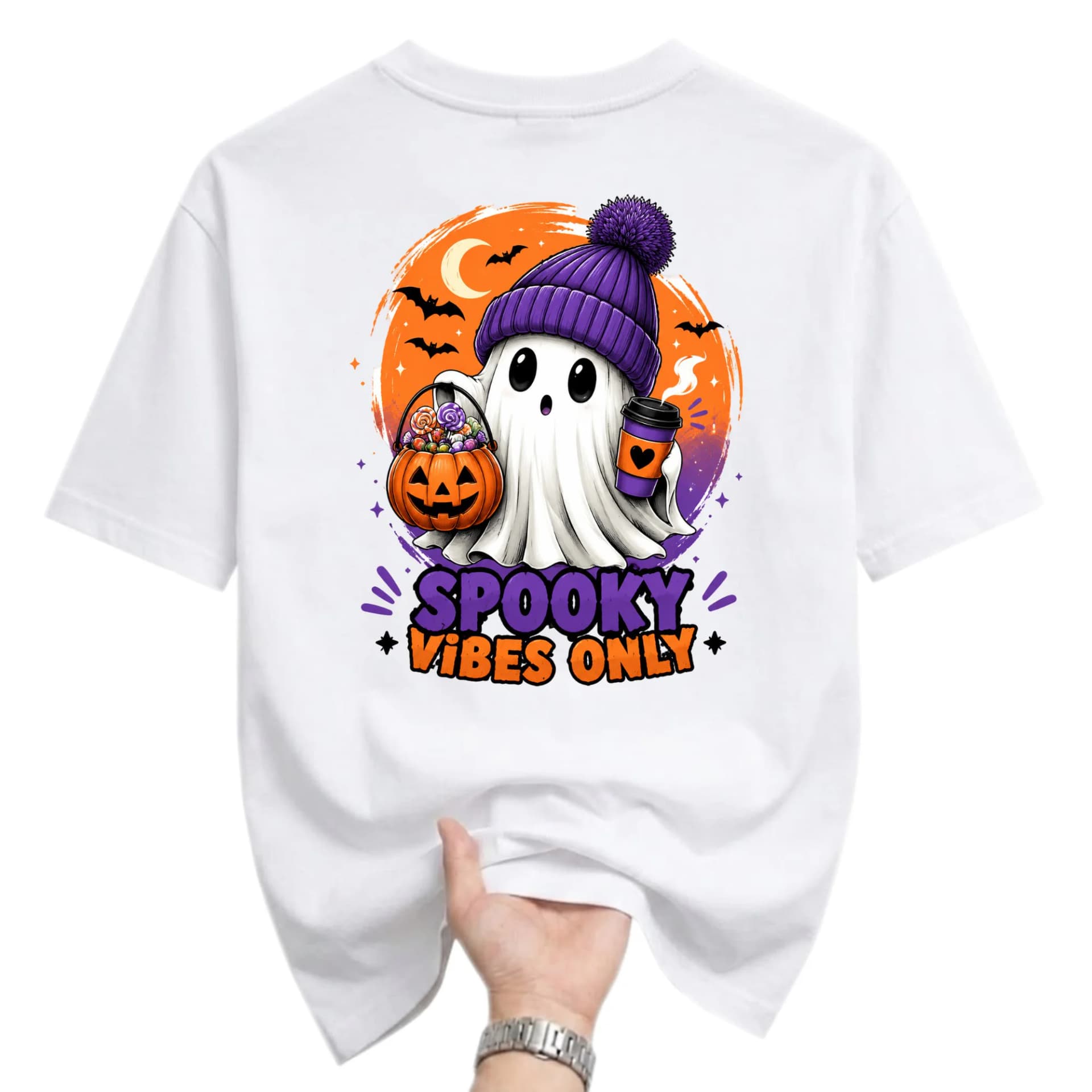 Graphic Tee Spooky Vibes Only Halloween Ghost T-Shirt Unisex Casual Crew Neck Short Sleeve Cotton Apparel Top