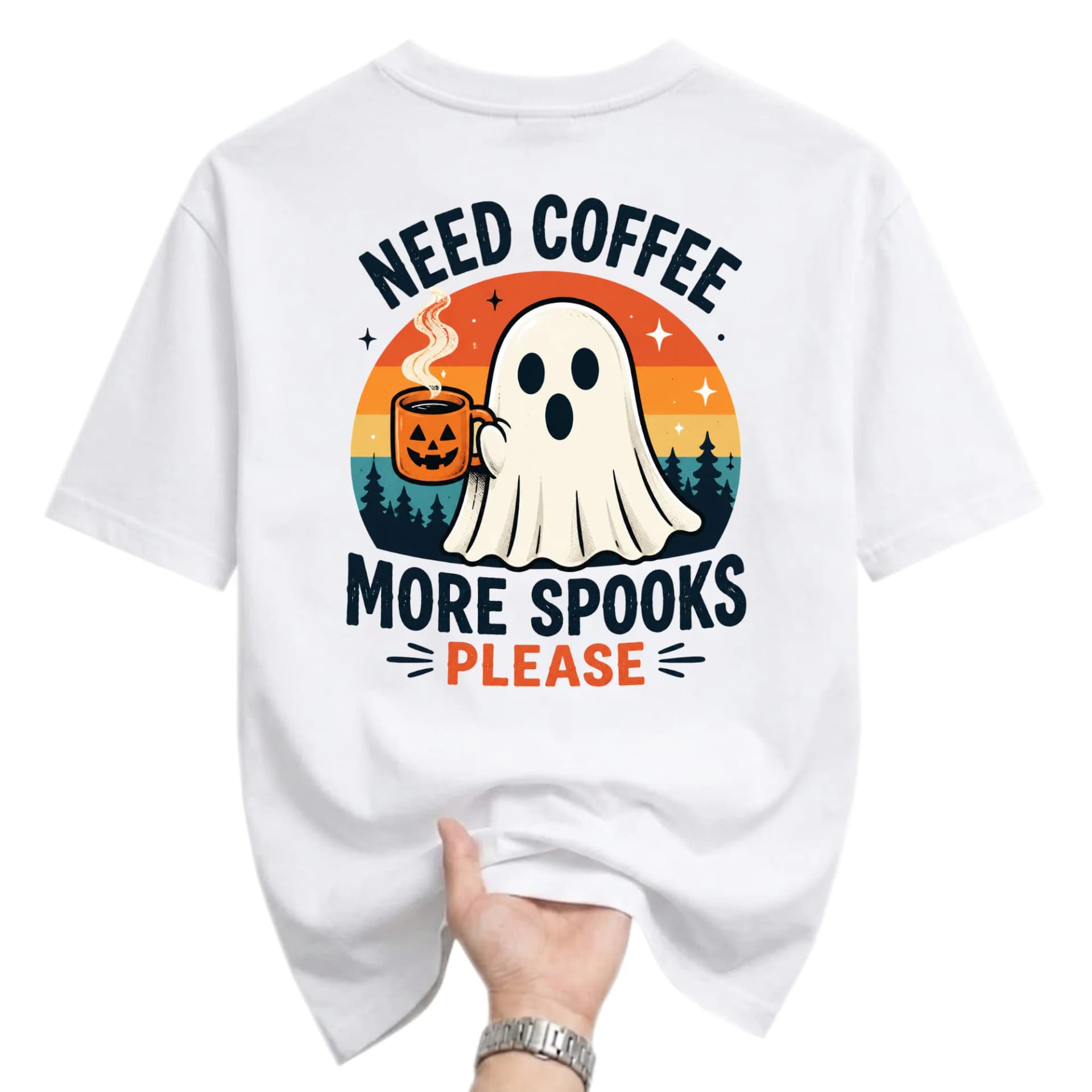 Funny Shirt Need Coffee More Spooks Please Ghost Graphic Tee Unisex Casual Crew Neck Short Sleeve Cotton Blend Top