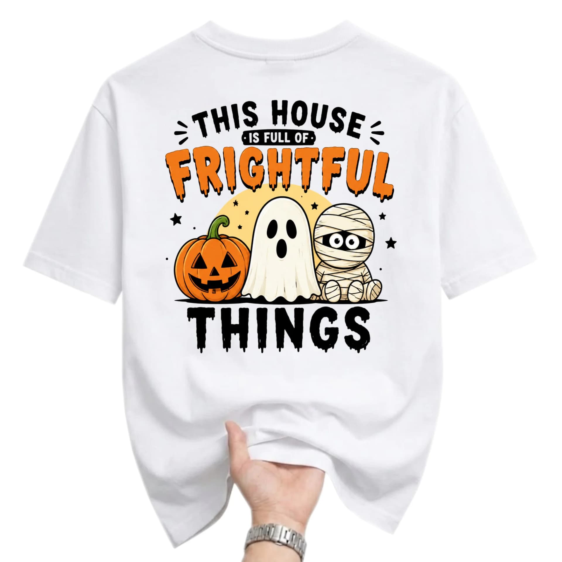 Funny Shirt This House Is Full of Frightful Things Halloween Graphic Tee Autumn Casual Unisex Crew Neck Top White