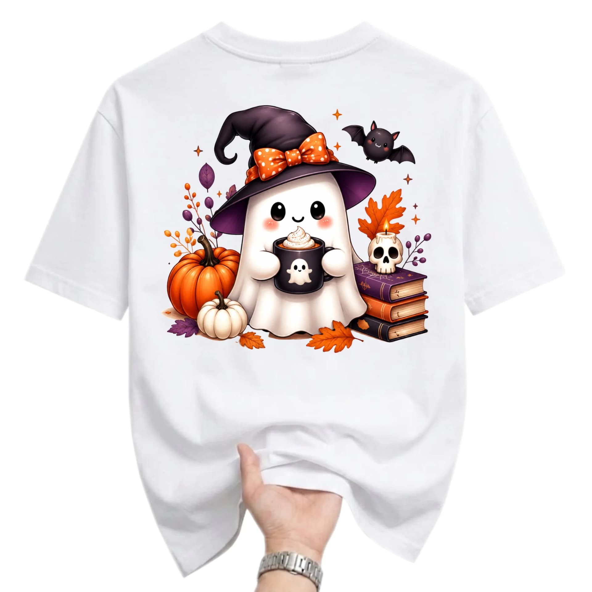 Graphic Tee Cute Ghost Wearing Witch Hat Drinking Coffee Fall Autumn Seasonal Unisex Crew Neck Casual Shirt