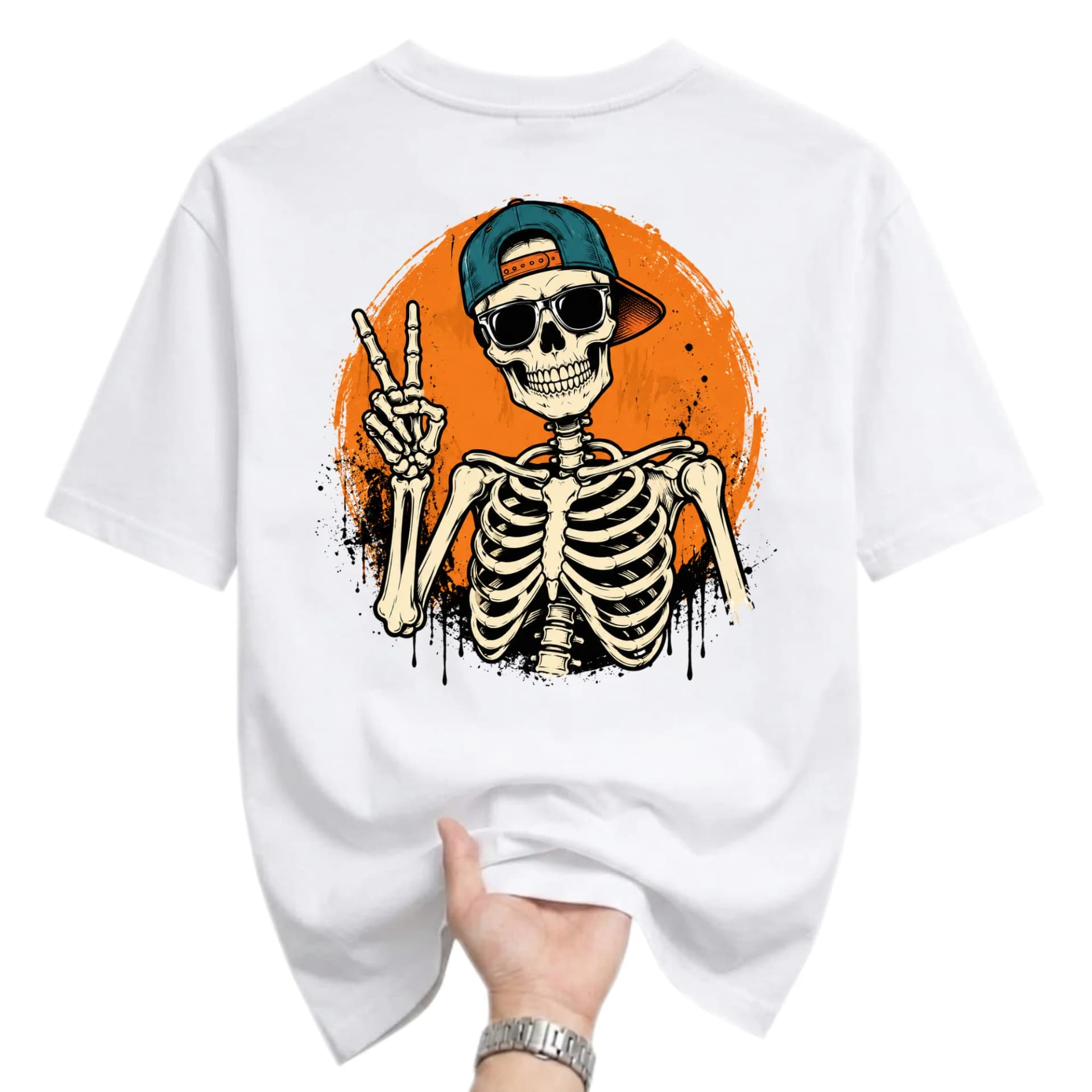 Graphic Tee Unisex Crew Neck T-Shirt Featuring a Cool Skeleton Wearing a Baseball Cap and Sunglasses Design