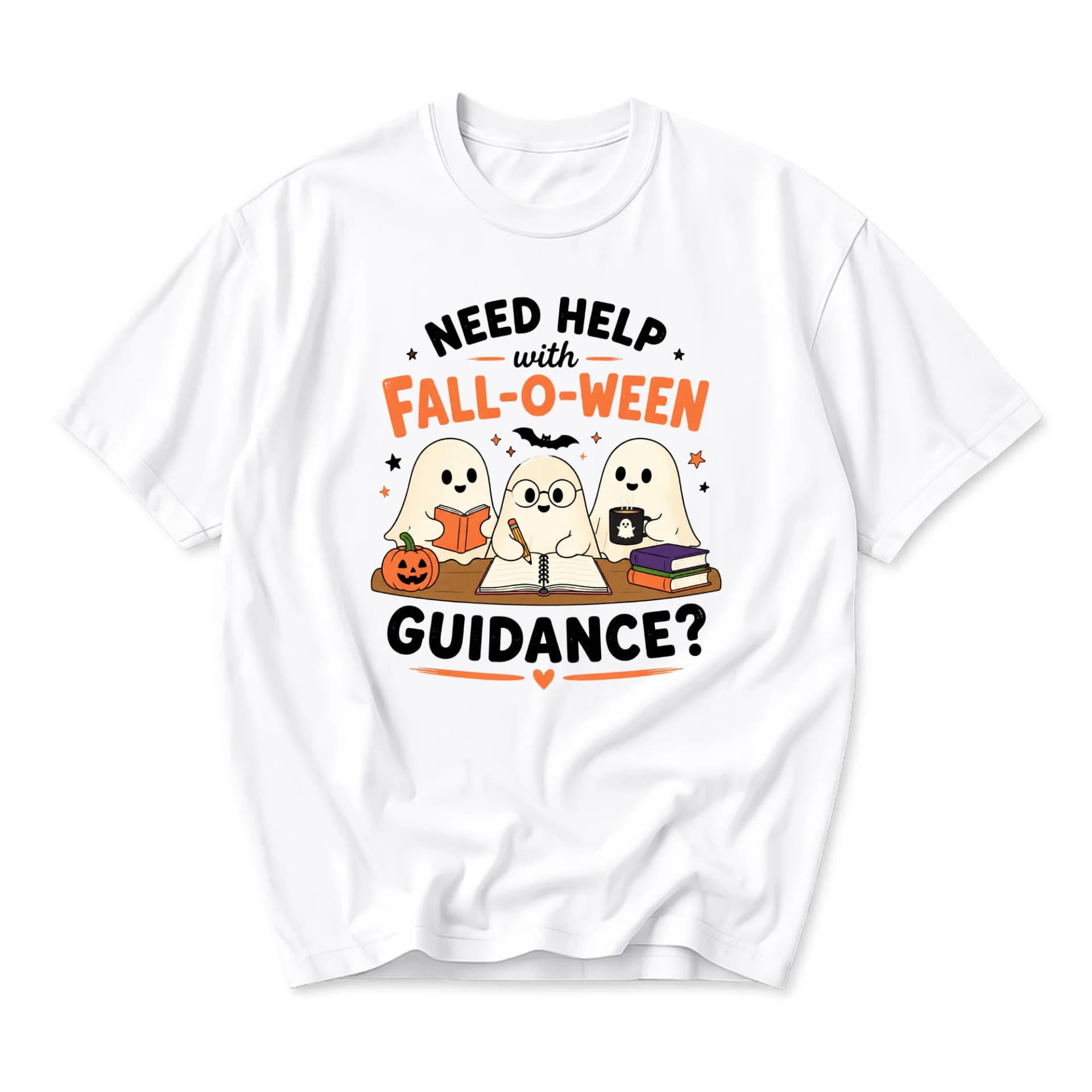 Funny Shirt Need Help with Fall-O-Ween Guidance Ghost Graphic Tee Seasonal Autumn Casual Crew Neck Unisex Apparel