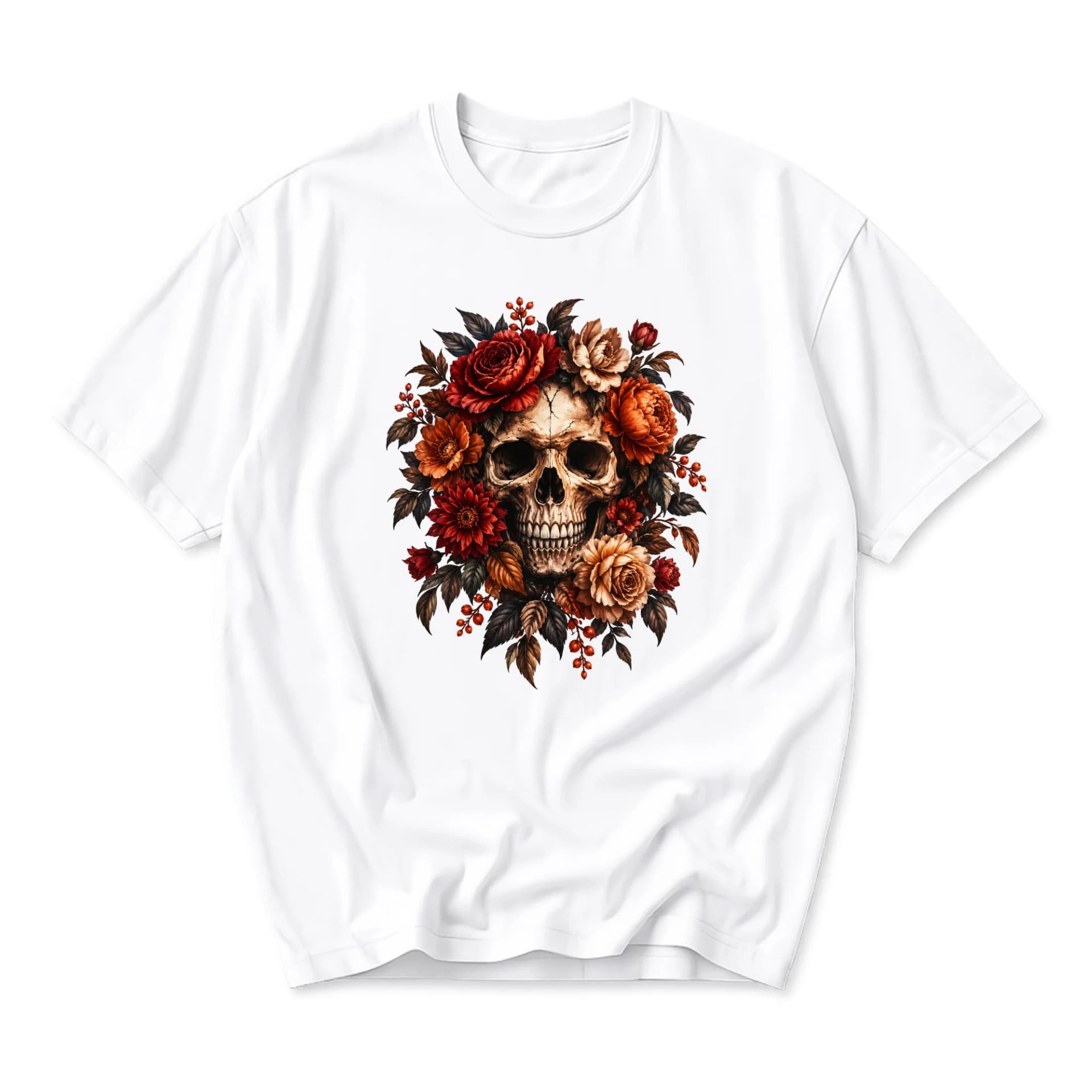 Graphic Tee Unisex Skull and Floral Illustration Print Comfortable Cotton Casual Short Sleeve Crew Neck Shirt