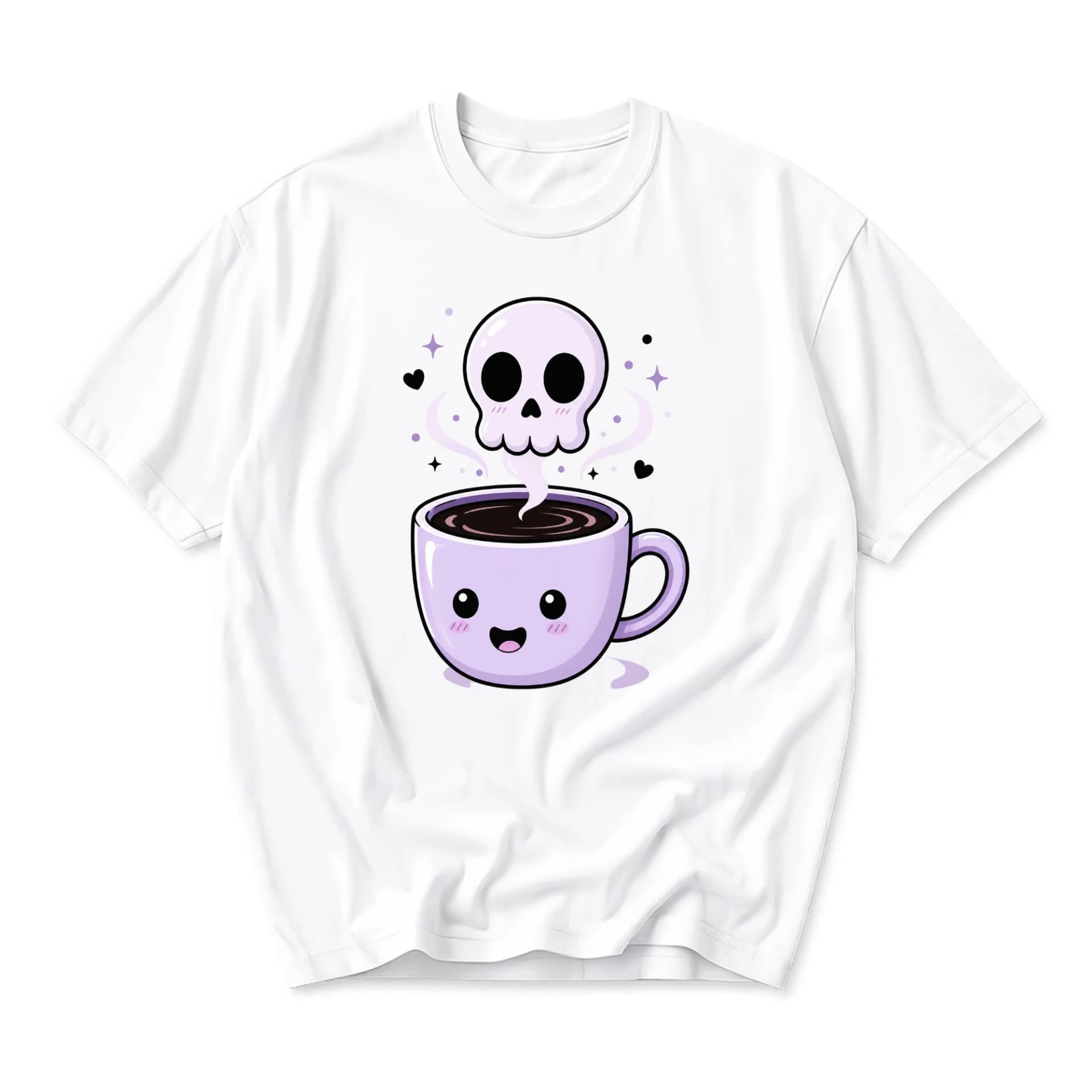 Graphic Tee Cute Kawaii Coffee Cup with Floating Skull Illustration Unisex Crew Neck Everyday Casual Short Sleeve Top