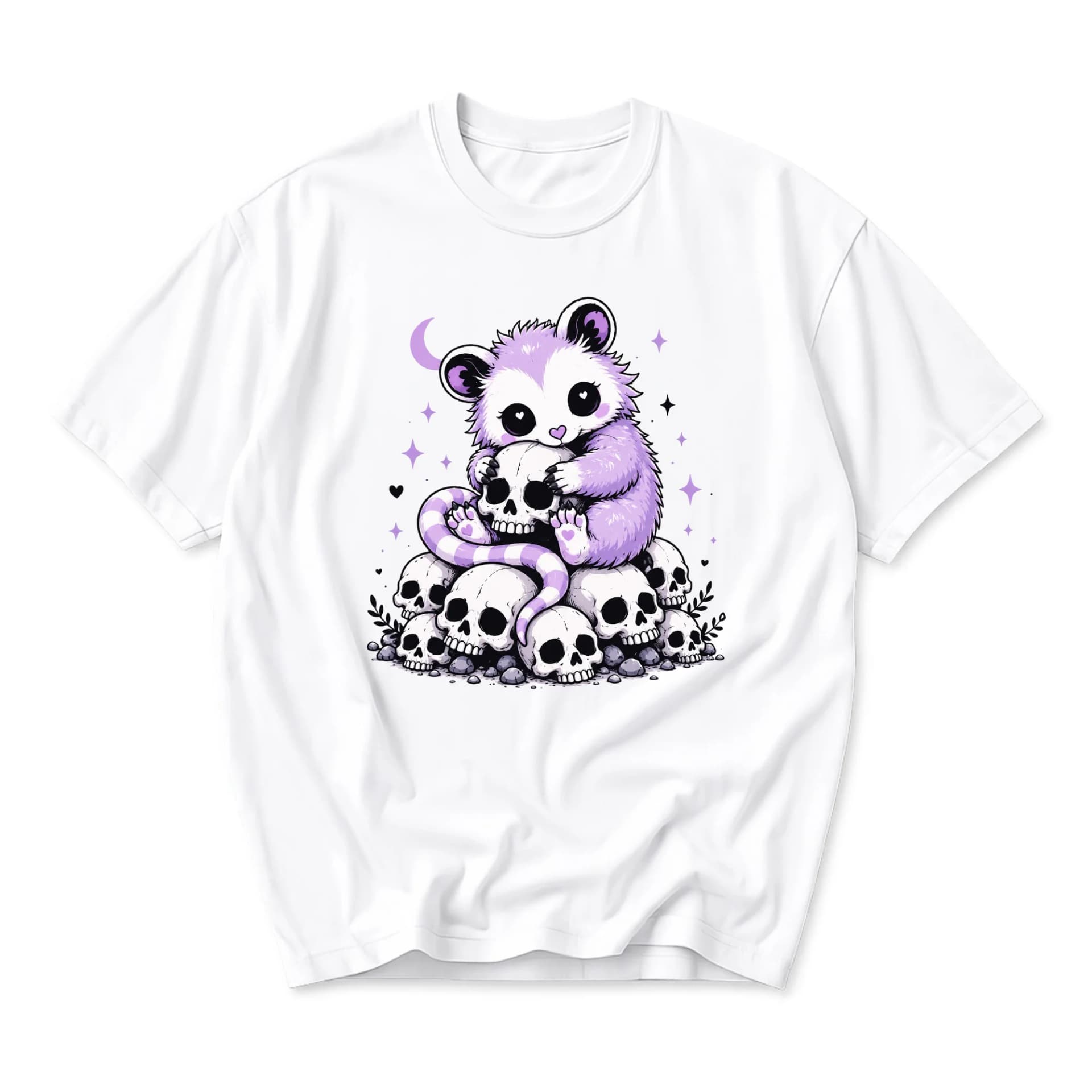 Graphic Tee Unisex Crew Neck T-Shirt Featuring Cute Purple Opossum Sitting on a Pile of Skulls Illustration Print