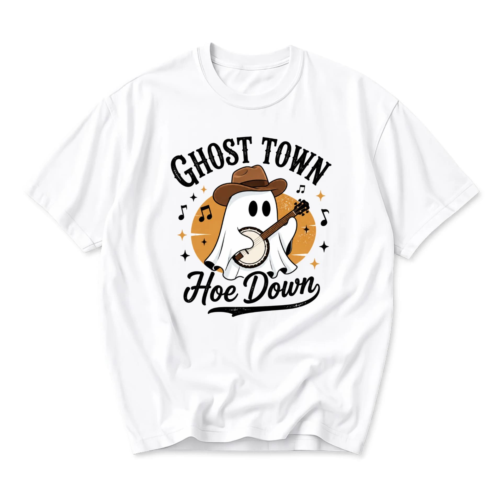 Funny Shirt Ghost Town Hoe Down Graphic Tee Western Cowboy Ghost Playing Banjo Unisex Cotton Blend Casual Apparel