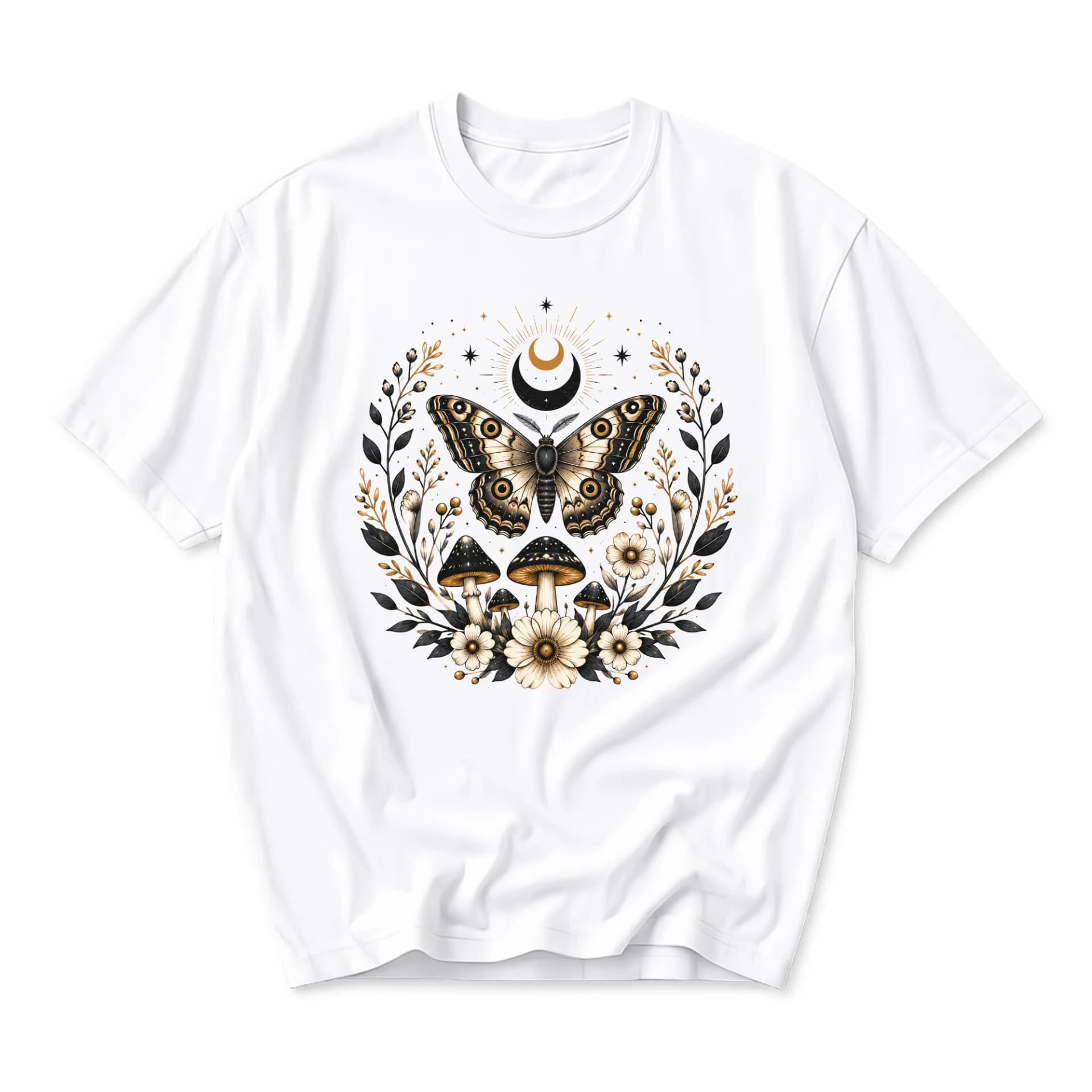 Graphic Tee Celestial Moth and Mushroom Illustration Nature Botanical Artistic Unisex Crew Neck Short Sleeve Shirt