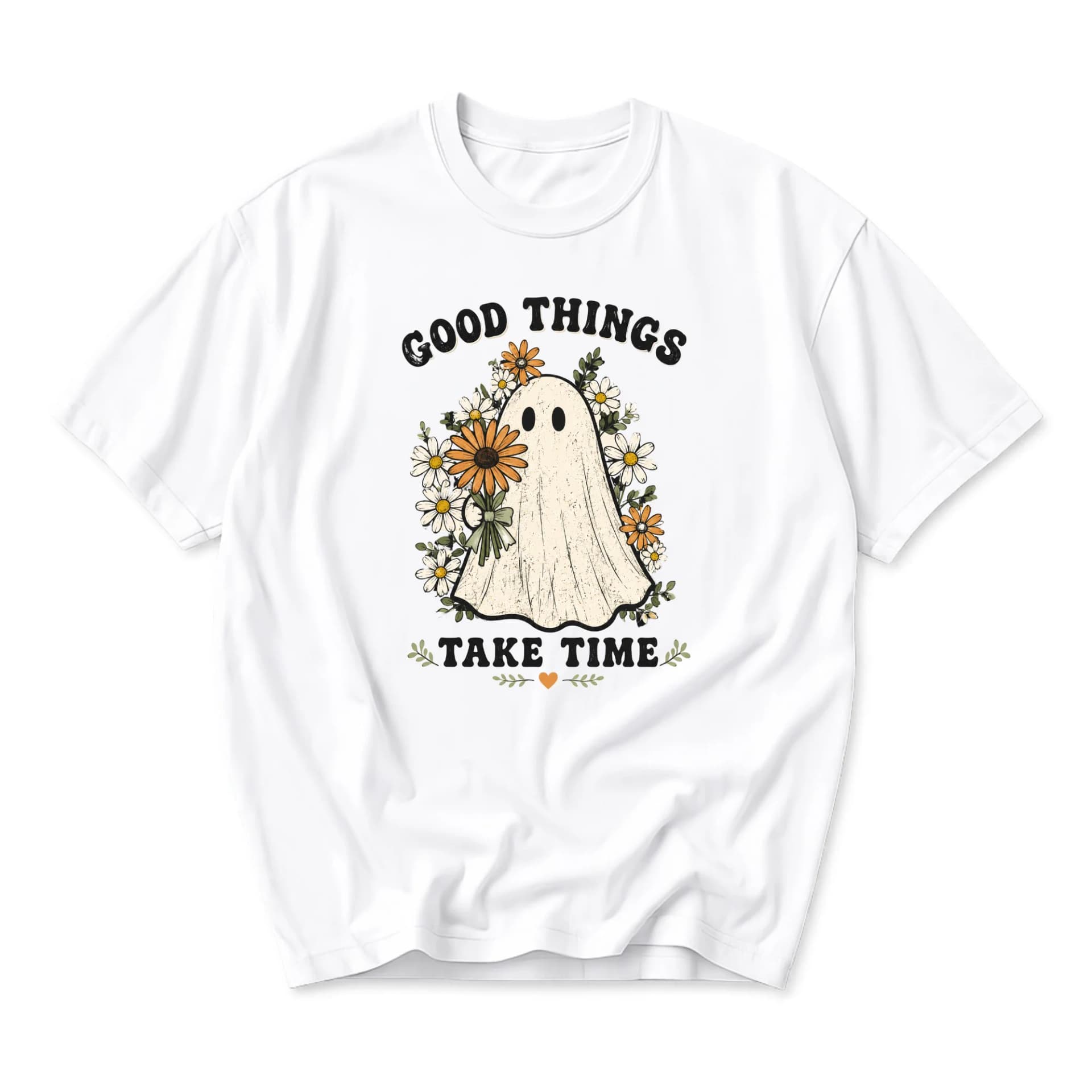 Graphic Tee Good Things Take Time Cute Ghost Floral Unisex Crew Neck Soft Cotton Everyday Casual Summer Short Sleeve Shirt