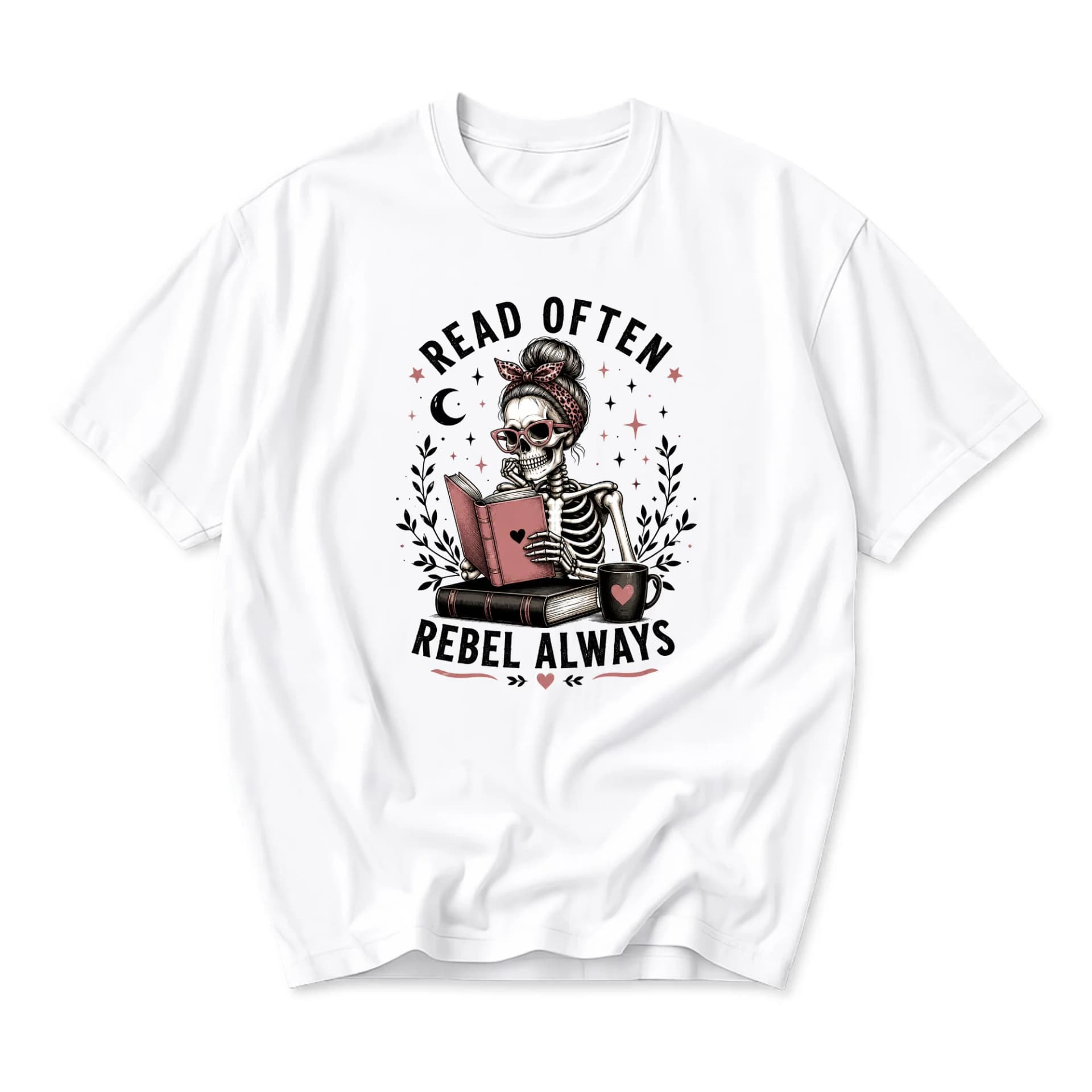 Graphic Tee Read Often Rebel Always Unisex T-Shirt Featuring Skeleton Reader Design on Soft Everyday Cotton Apparel