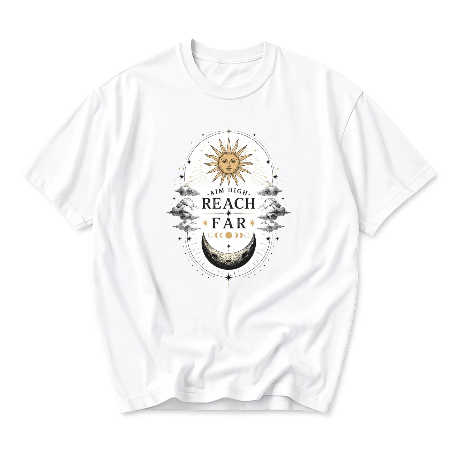 Graphic Tee Celestial Sun and Moon Aim High Reach Far Art Unisex Crew Neck Casual Everyday Cotton Blend Shirt White