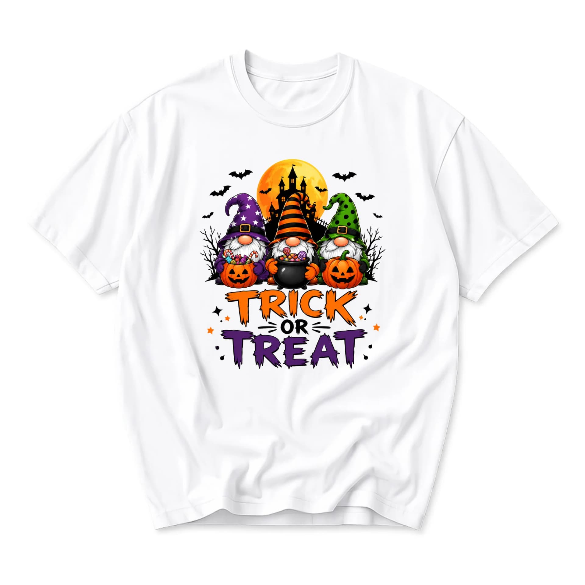 Graphic Tee Trick or Treat Halloween Gnomes Unisex T-Shirt Casual Fall Festival Crew Neck Short Sleeve Shirt