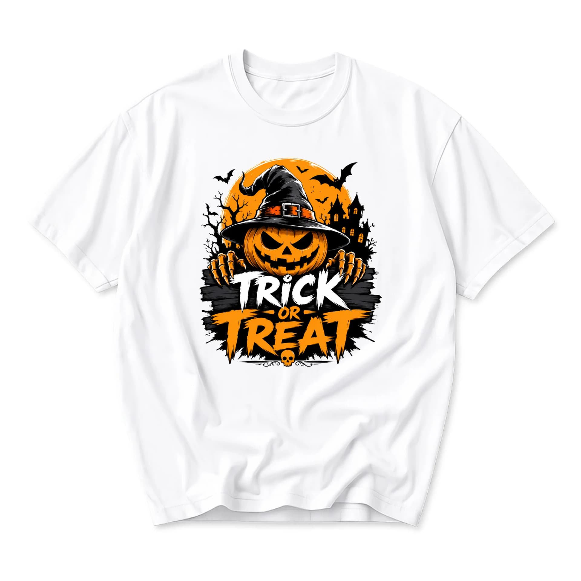 Graphic Tee Trick or Treat Halloween Pumpkin Design Unisex Cotton Crew Neck Short Sleeve Casual Holiday Apparel Shirt