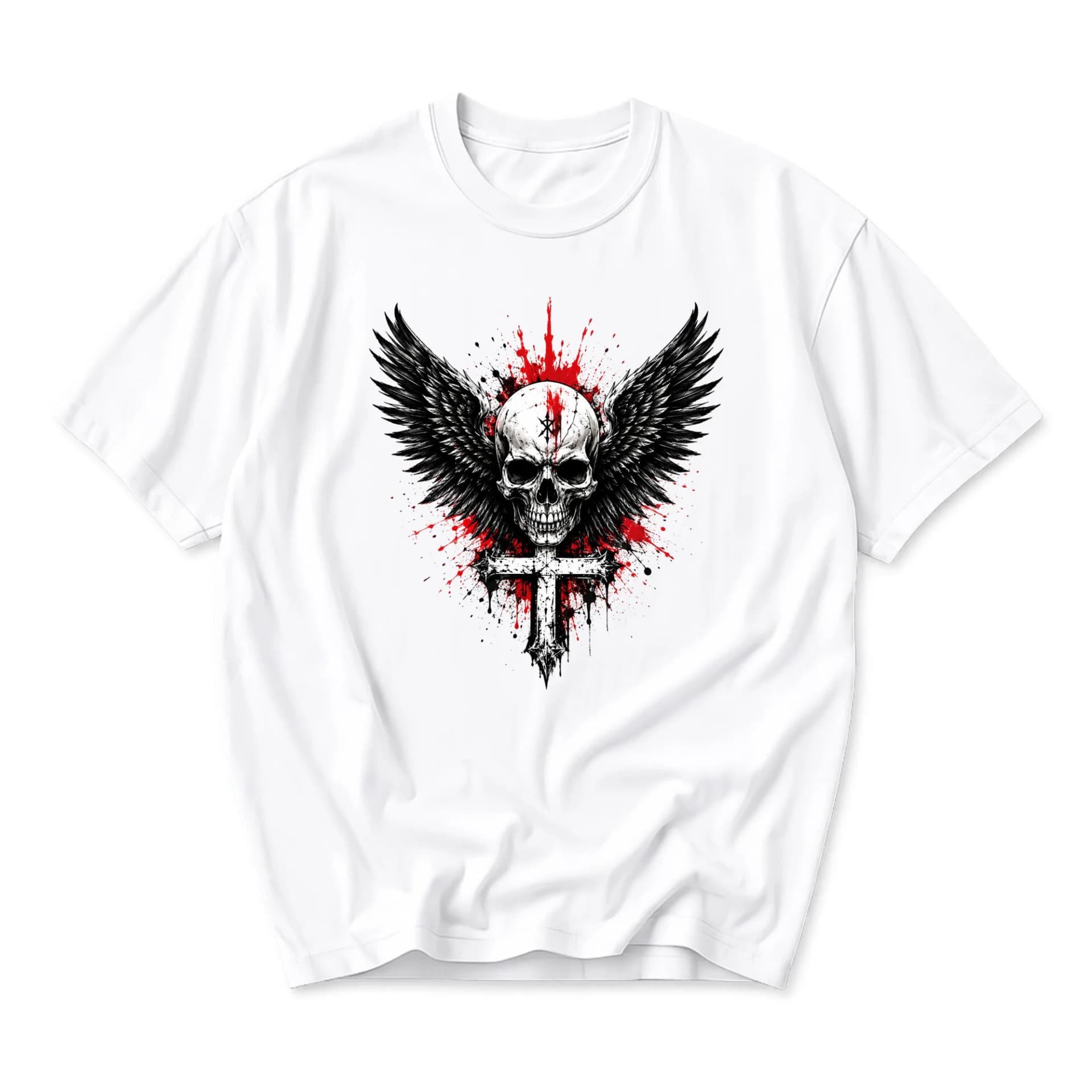 Graphic Tee Unisex Winged Skull Cross Artistic Print Casual Cotton T-Shirt Everyday Wear Comfortable Crew Neck Top