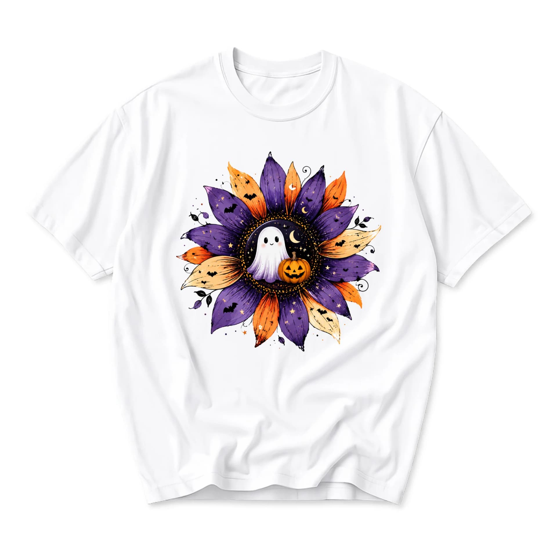 Graphic Tee Sunflower Ghost Pumpkin Design Unisex Casual Crew Neck Comfortable Short Sleeve Everyday Fall Apparel