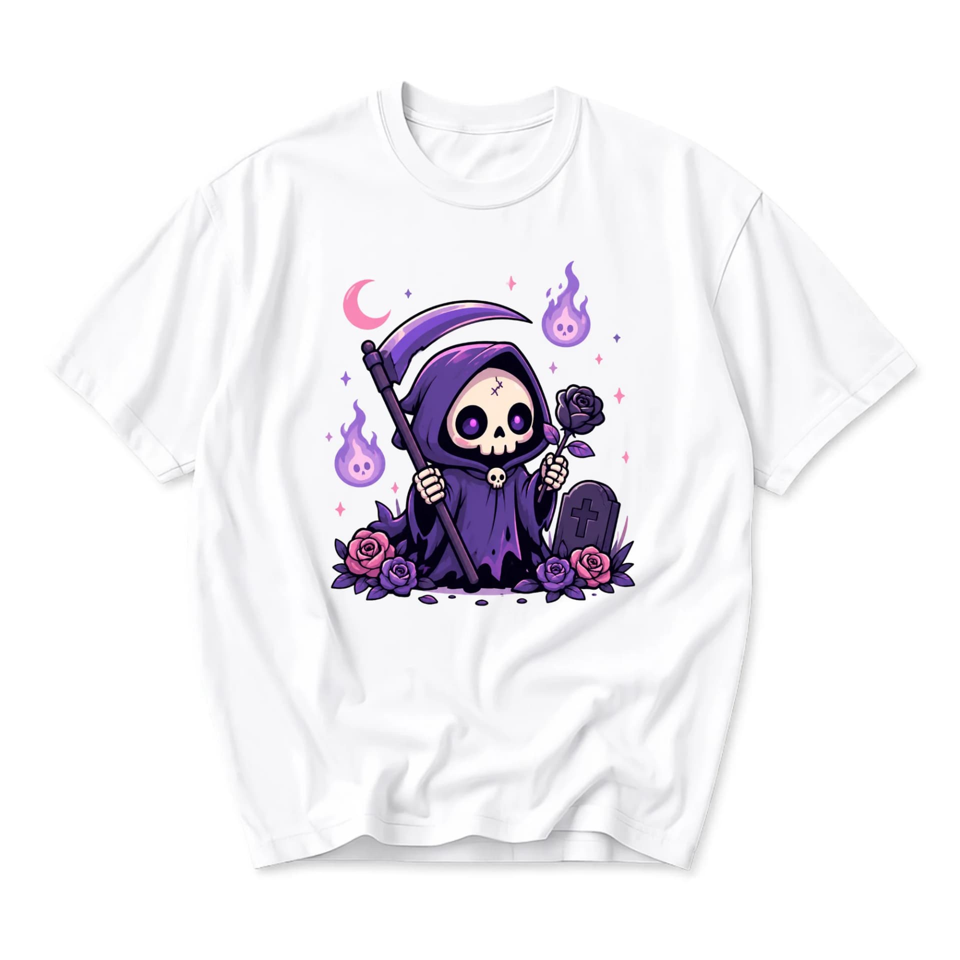 Graphic Tee Unisex Grim Reaper Rose Skull Illustration Shirt Casual Cotton Crew Neck Top for Everyday Wear and Style