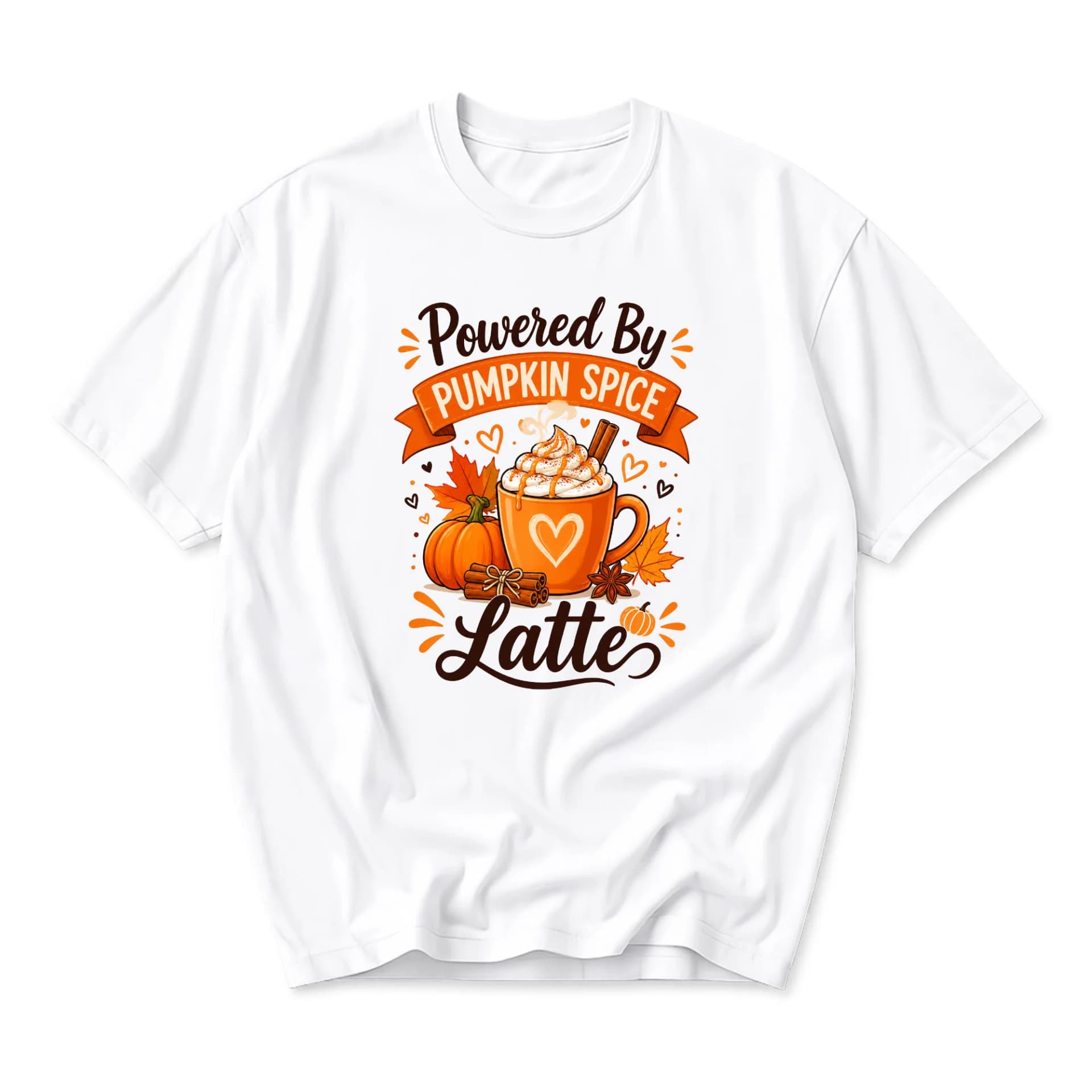 Funny Shirt Powered by Pumpkin Spice Latte Graphic Tee Fall Season Autumn Theme Unisex Crew Neck Short Sleeve Top