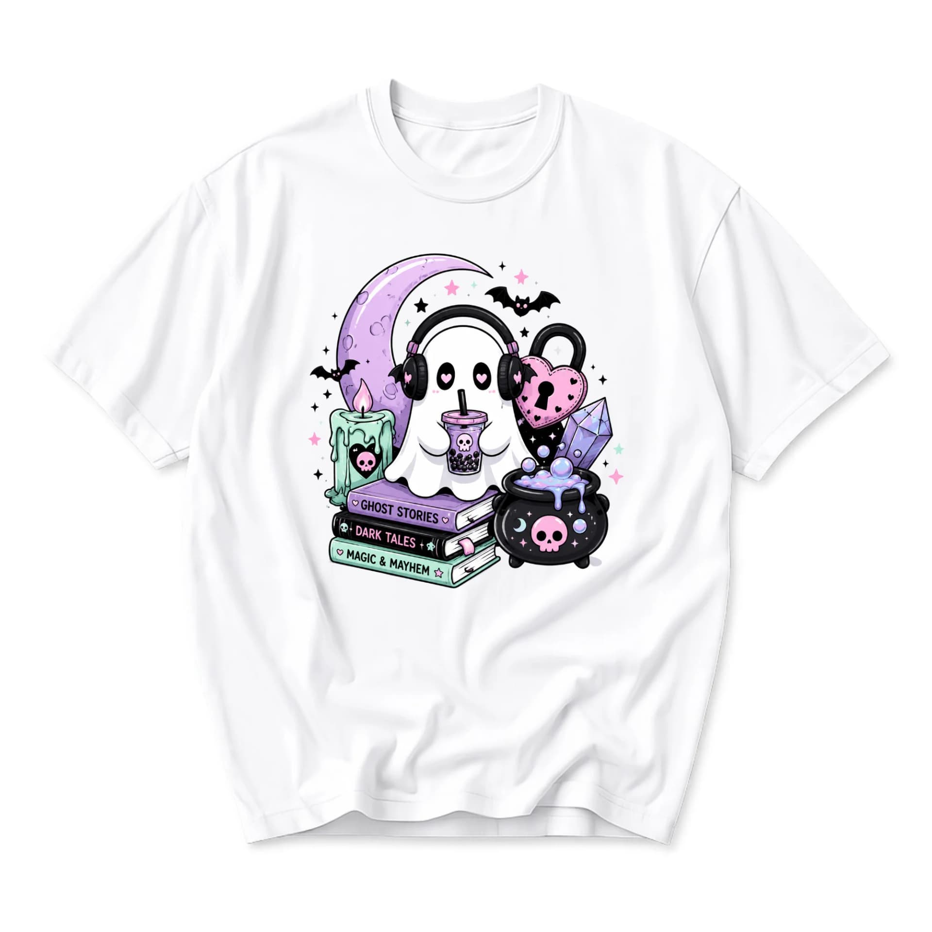 Graphic Tee Ghost Drinking Boba Tea Witchy Aesthetic Pastel Goth Apparel Soft Cotton Unisex Crew Neck Shirt White