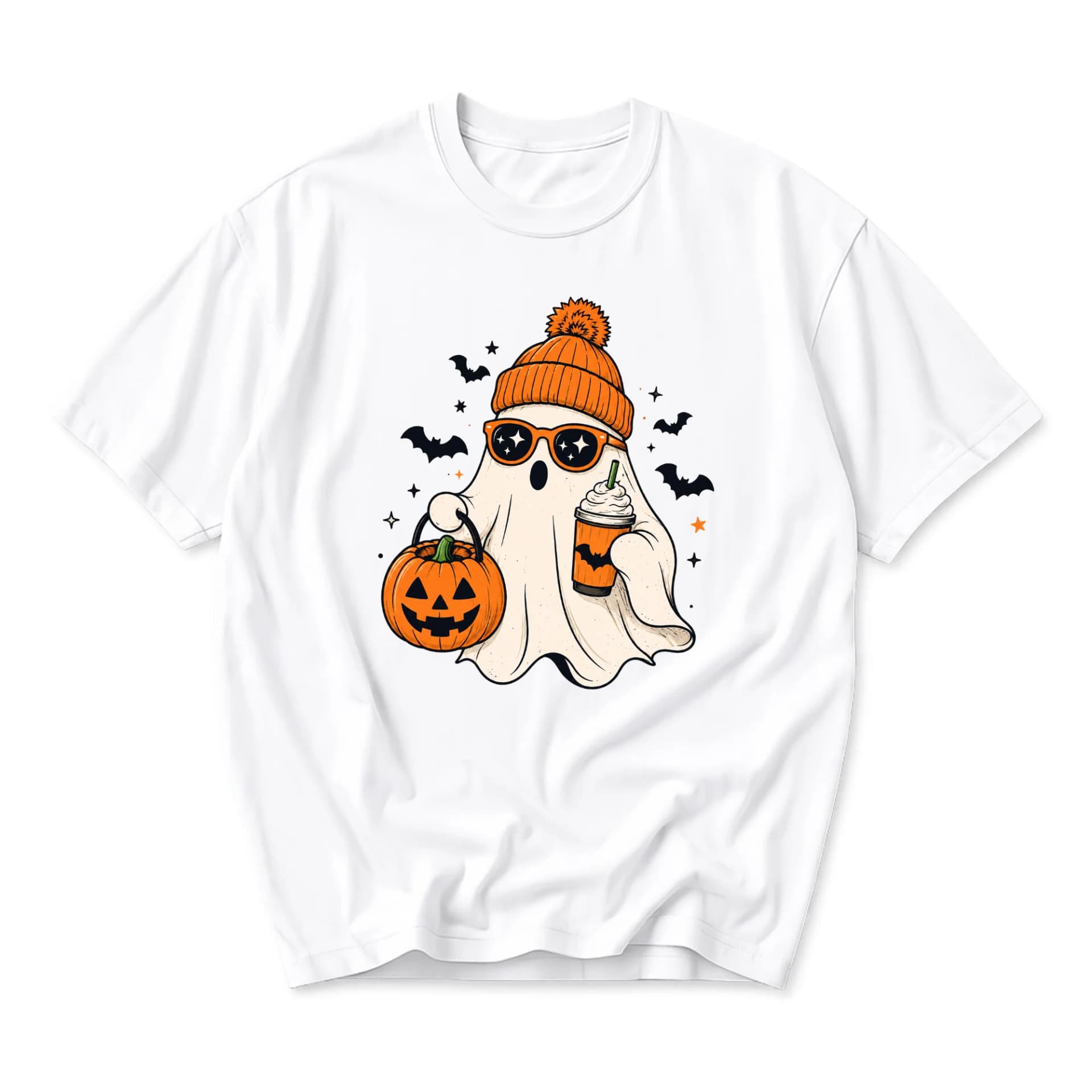 Graphic Tee Ghost with Pumpkin and Coffee Cup Unisex Casual Cotton Crew Neck Shirt for Seasonal Holiday Wear