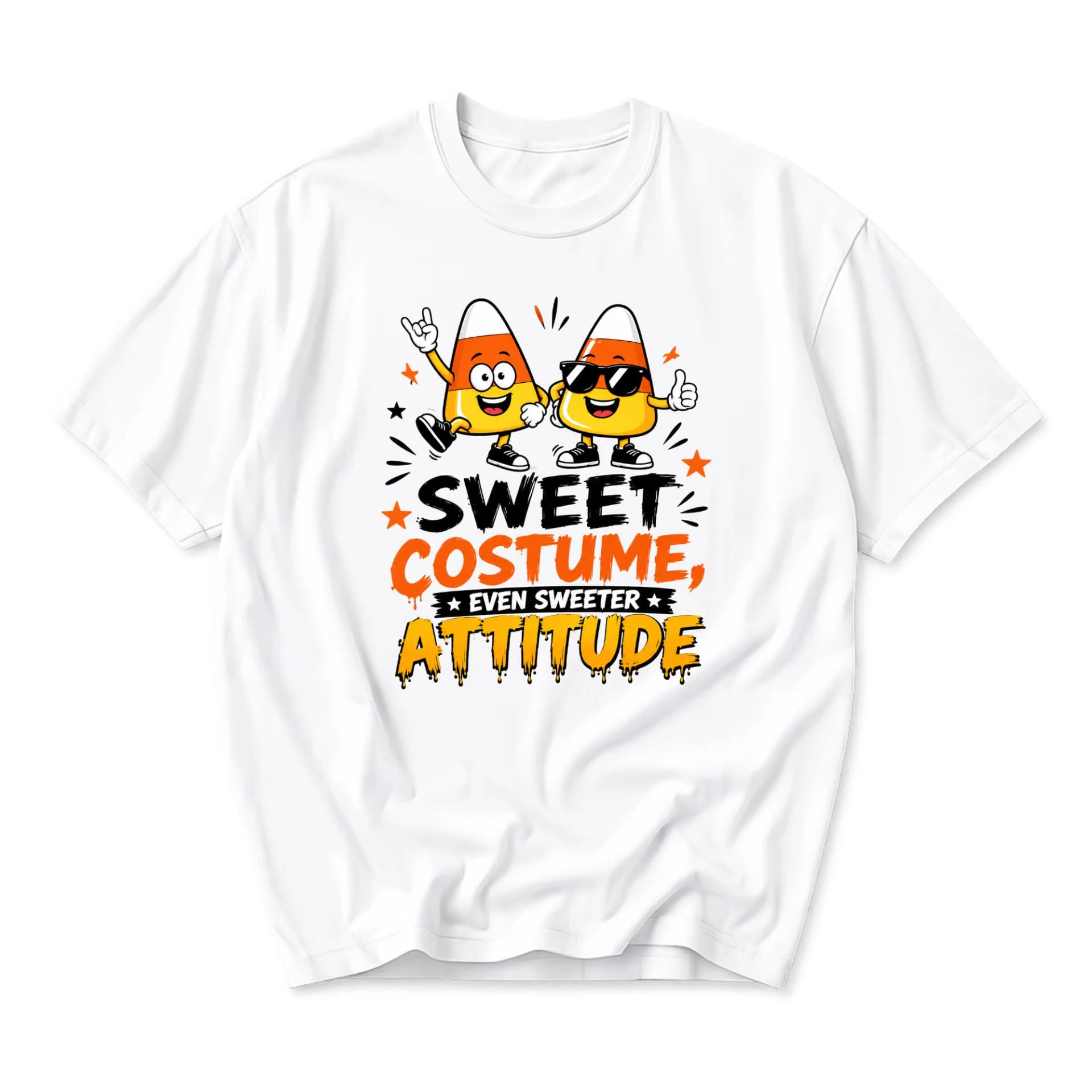 Funny Shirt Sweet Costume Even Sweeter Attitude Candy Corn Graphic Tee Casual Unisex Crew Neck Holiday Outfit Apparel