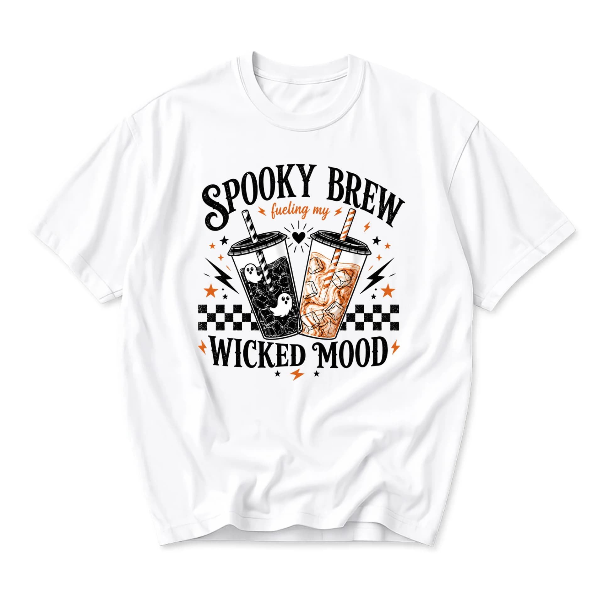 Graphic Tee Spooky Brew Wicked Mood Unisex Casual Crew Neck T-Shirt for Halloween Party Lovers and Coffee Enthusiasts