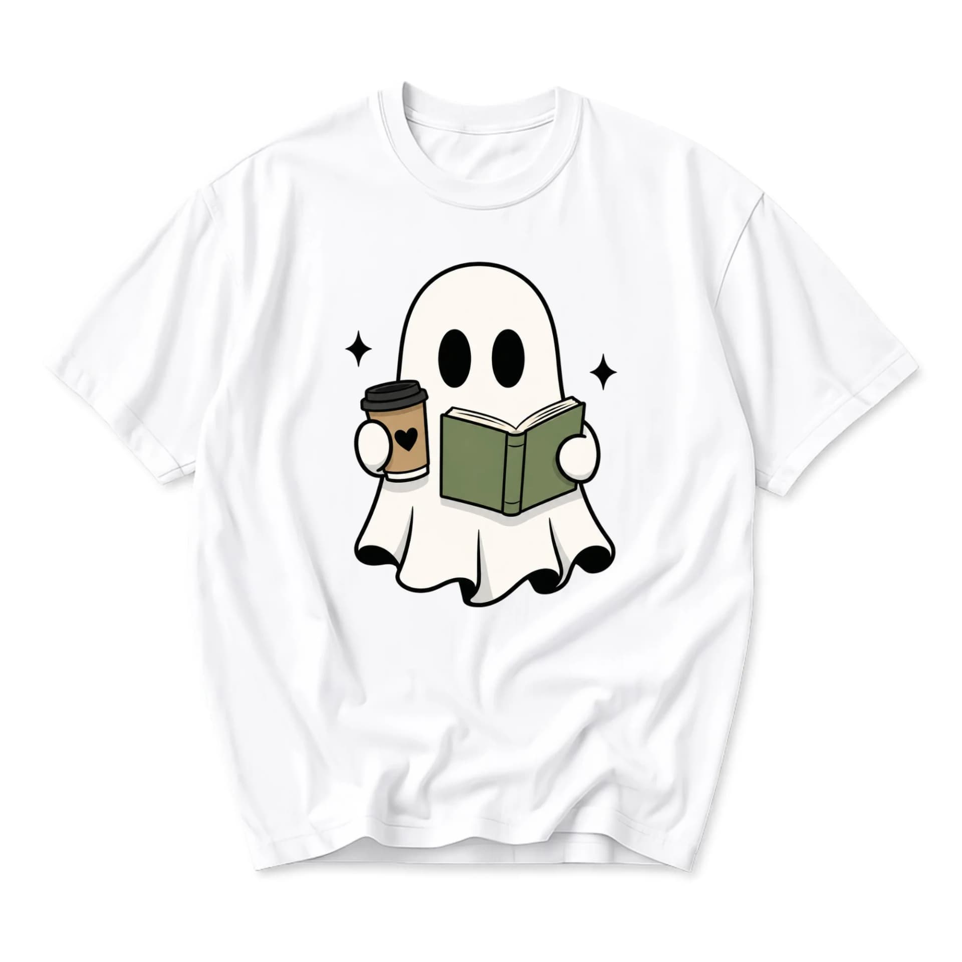 Graphic Tee Unisex Ghost Reading Book and Drinking Coffee Cute Illustration Casual White Short Sleeve Crew Neck Shirt
