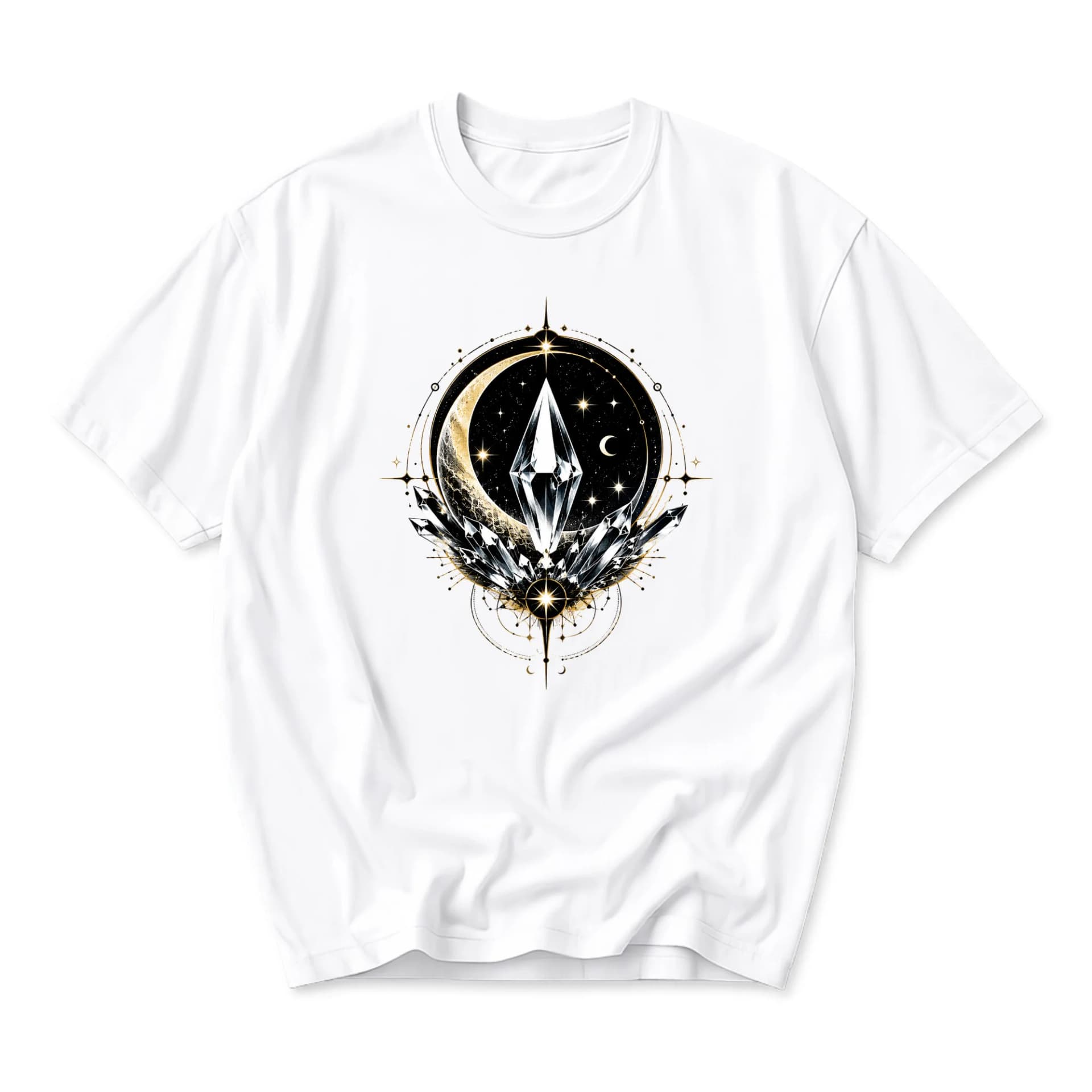 Graphic Tee Celestial Moon and Crystal Design Unisex Cotton Blend Crew Neck Casual Top for Everyday Wear and Style