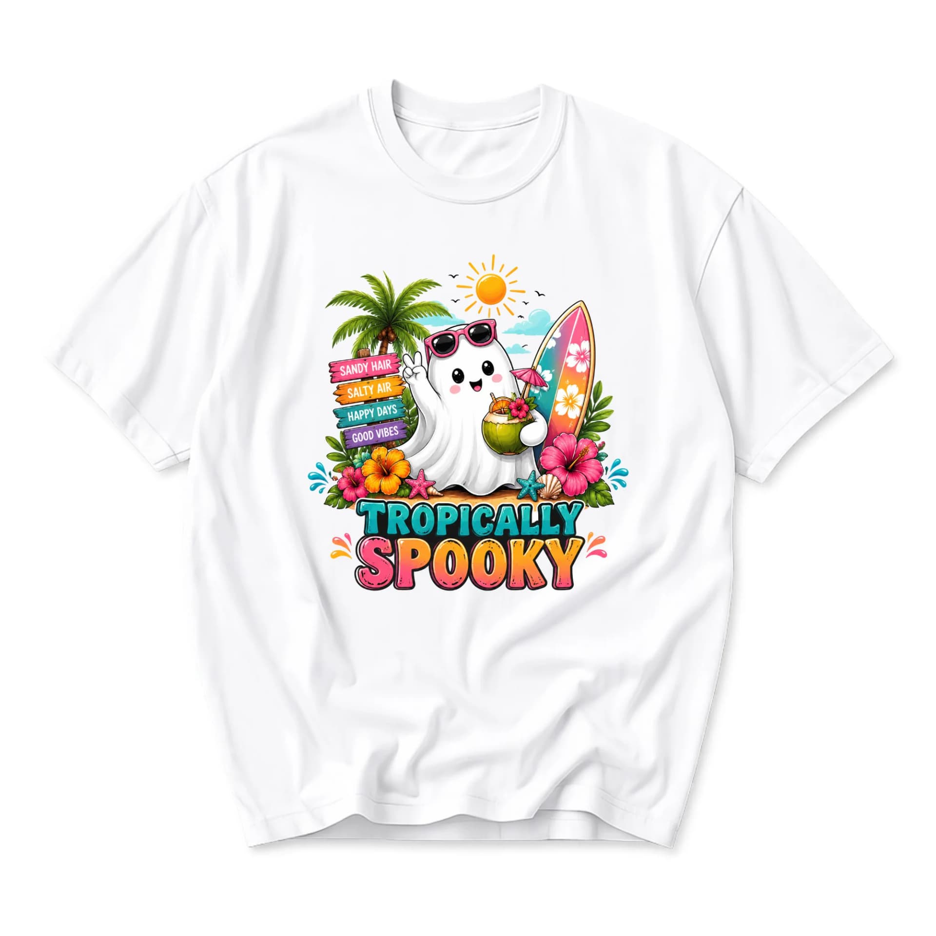 Funny Shirt Tropically Spooky Ghost Graphic Tee Summer Beach Theme Unisex Casual Crew Neck Comfortable Cotton Blend
