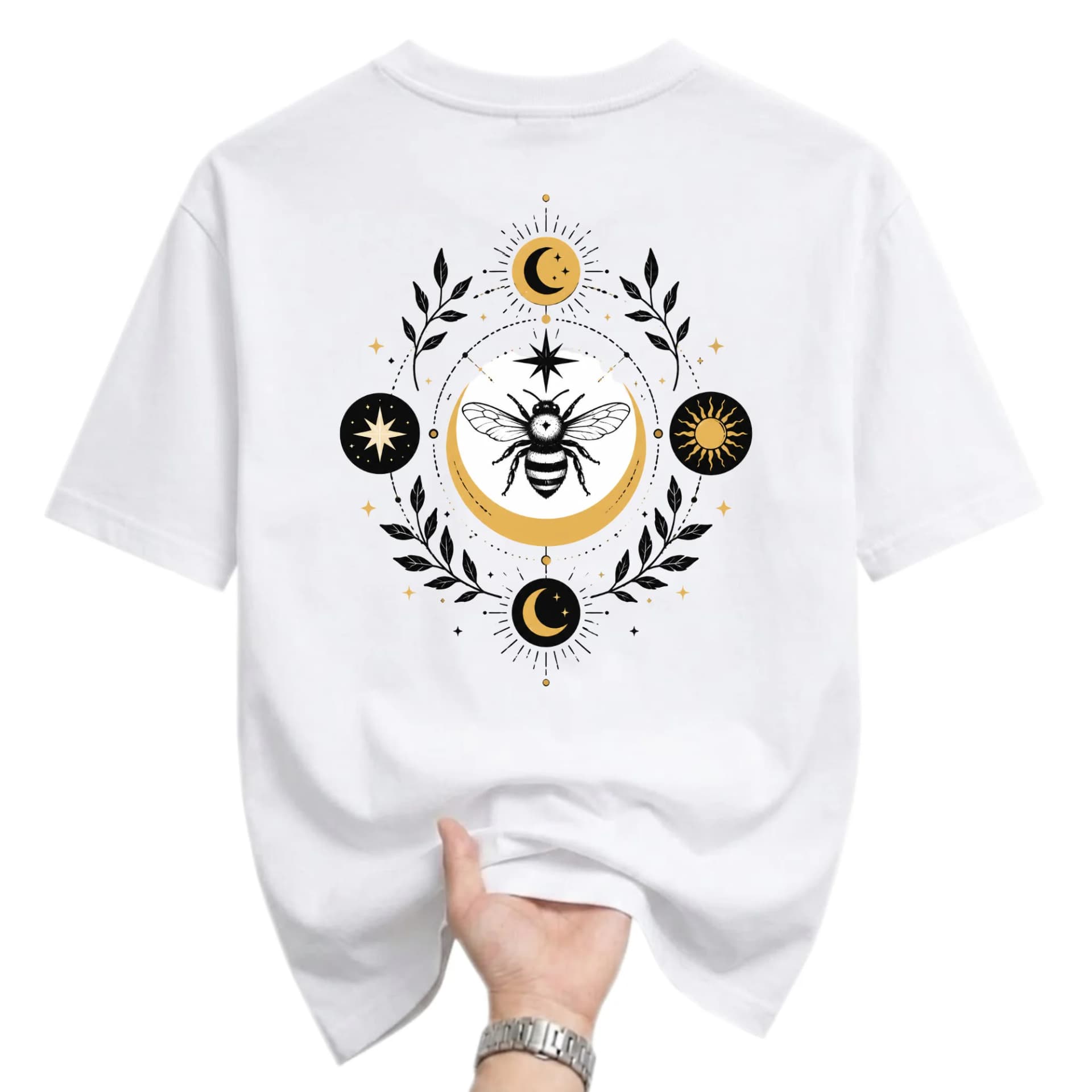 Graphic Tee Celestial Bee Sun Moon Botanical Art Unisex Crew Neck T-Shirt for Casual Everyday Comfortable Wear