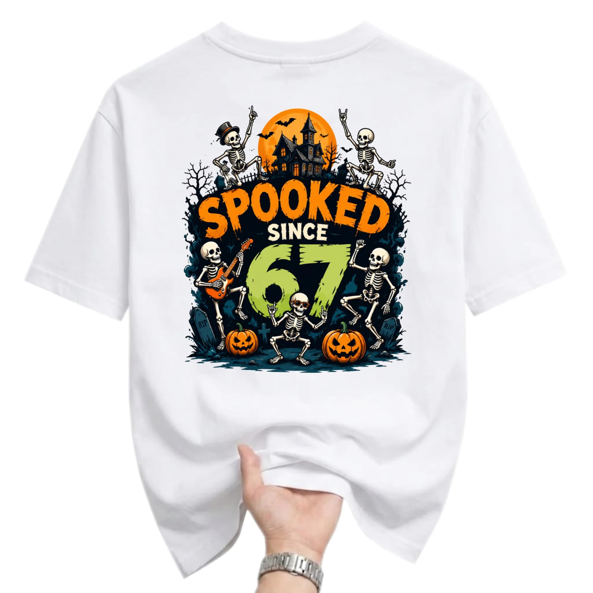 Funny Shirt Spooked Since 67 Skeleton Rock Band Halloween Graphic Tee Unisex Crew Neck Casual Cotton Blend Apparel
