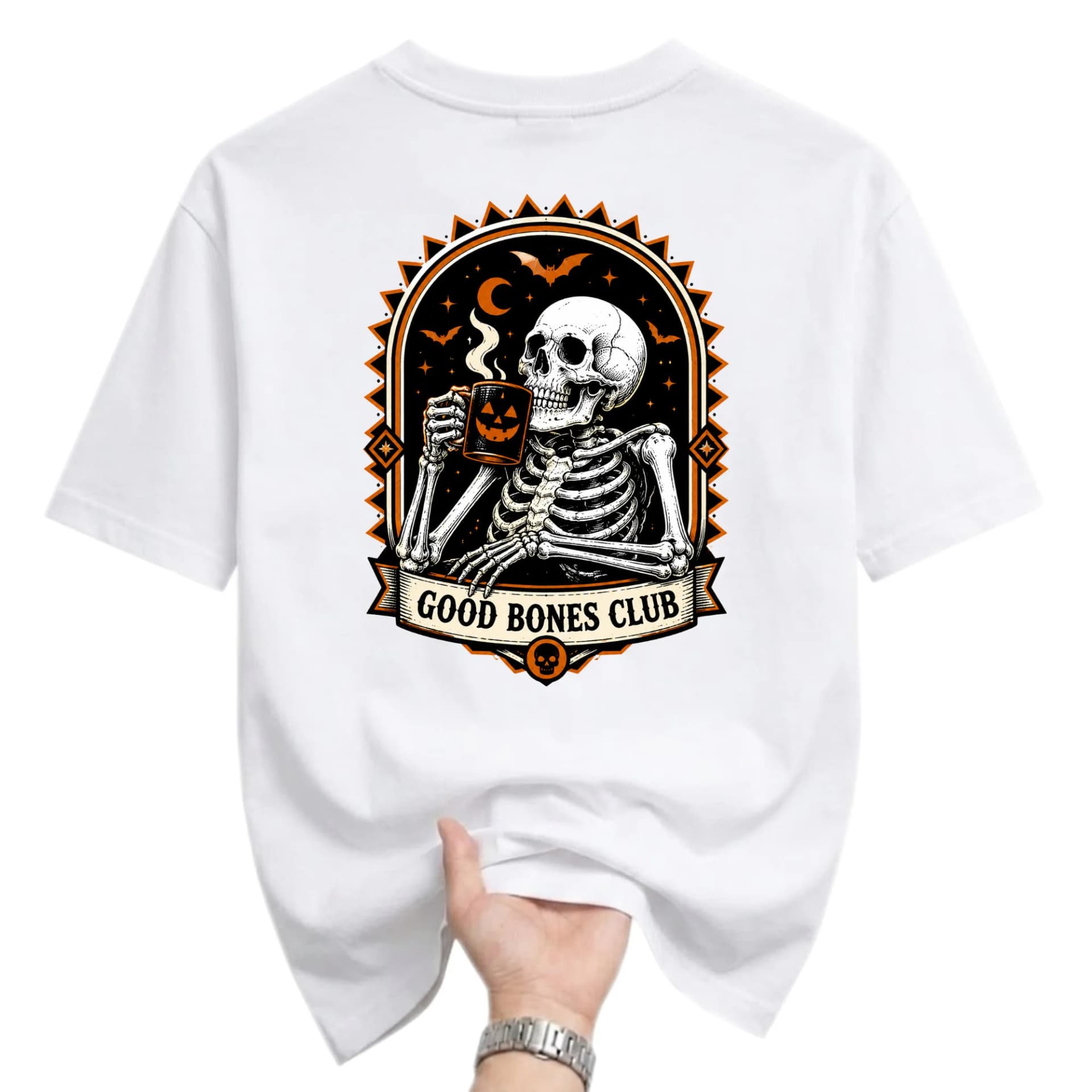Graphic Tee Good Bones Club Skeleton Drinking Coffee Halloween Unisex Crew Neck Shirt for Casual Everyday Wear