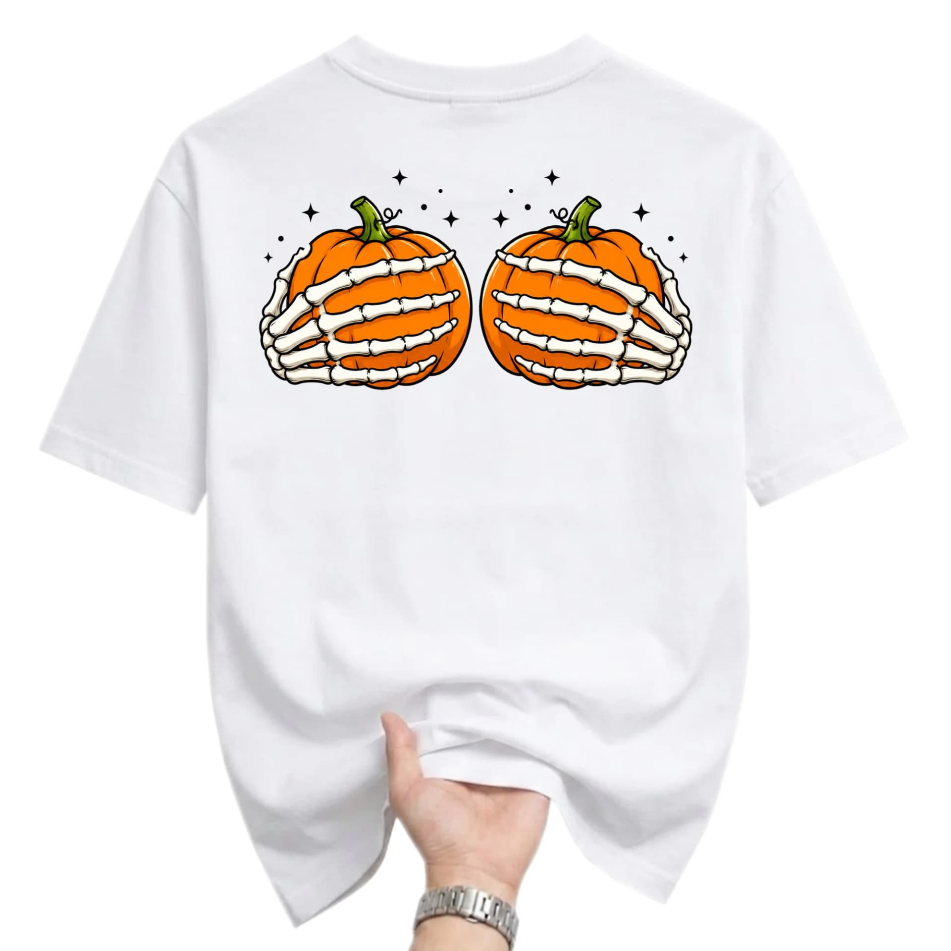 Graphic Tee Skeleton Hands Holding Pumpkins Spooky Autumn Fall Season Short Sleeve Unisex Crew Neck Cotton Shirt