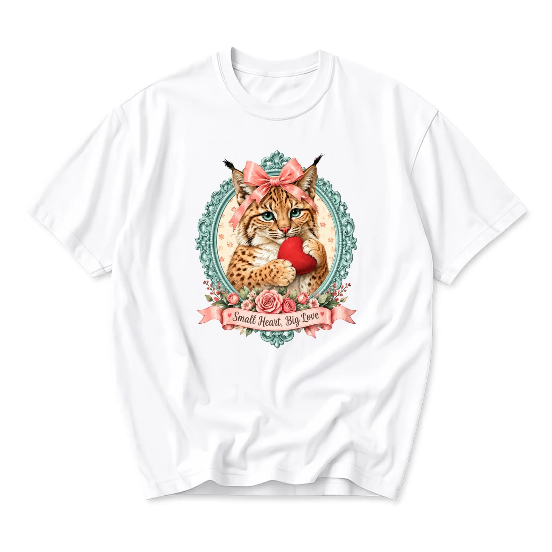 Graphic Tee Unisex Crew-Neck T-Shirt Featuring Cute Bobcat Kitten Holding a Red Heart in Vintage Floral Frame