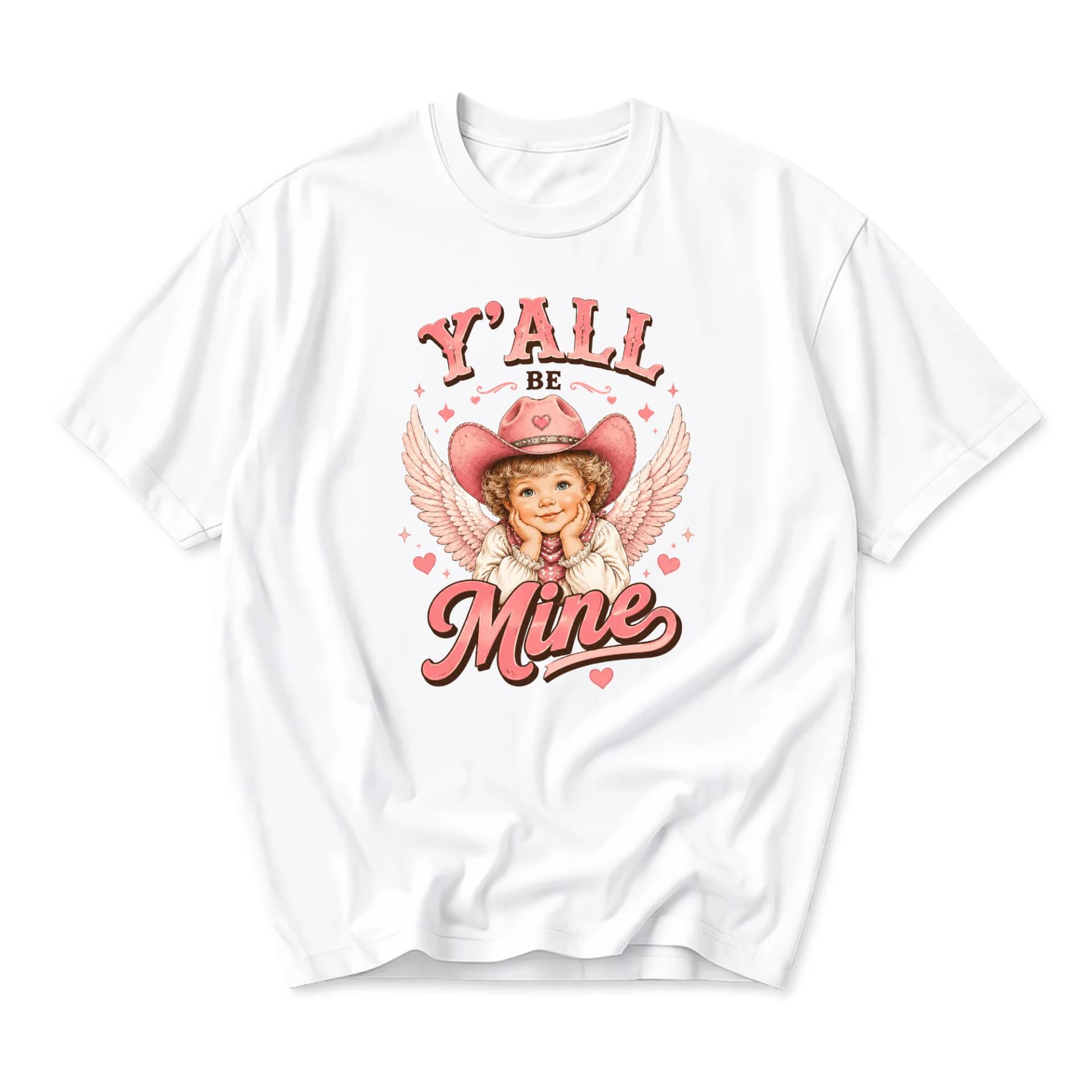 Graphic Tee Y'all Be Mine Cowboy Hat Angel Wing Shirt Retro Western Style Unisex Short Sleeve Casual Apparel