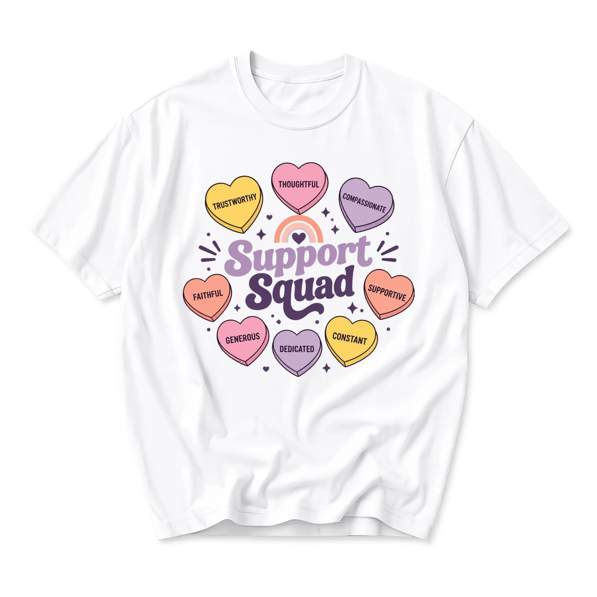 Graphic Tee Support Squad Heart Candy Shirt Inspirational Positive Quote Unisex Crew Neck Short Sleeve Casual Cotton Top