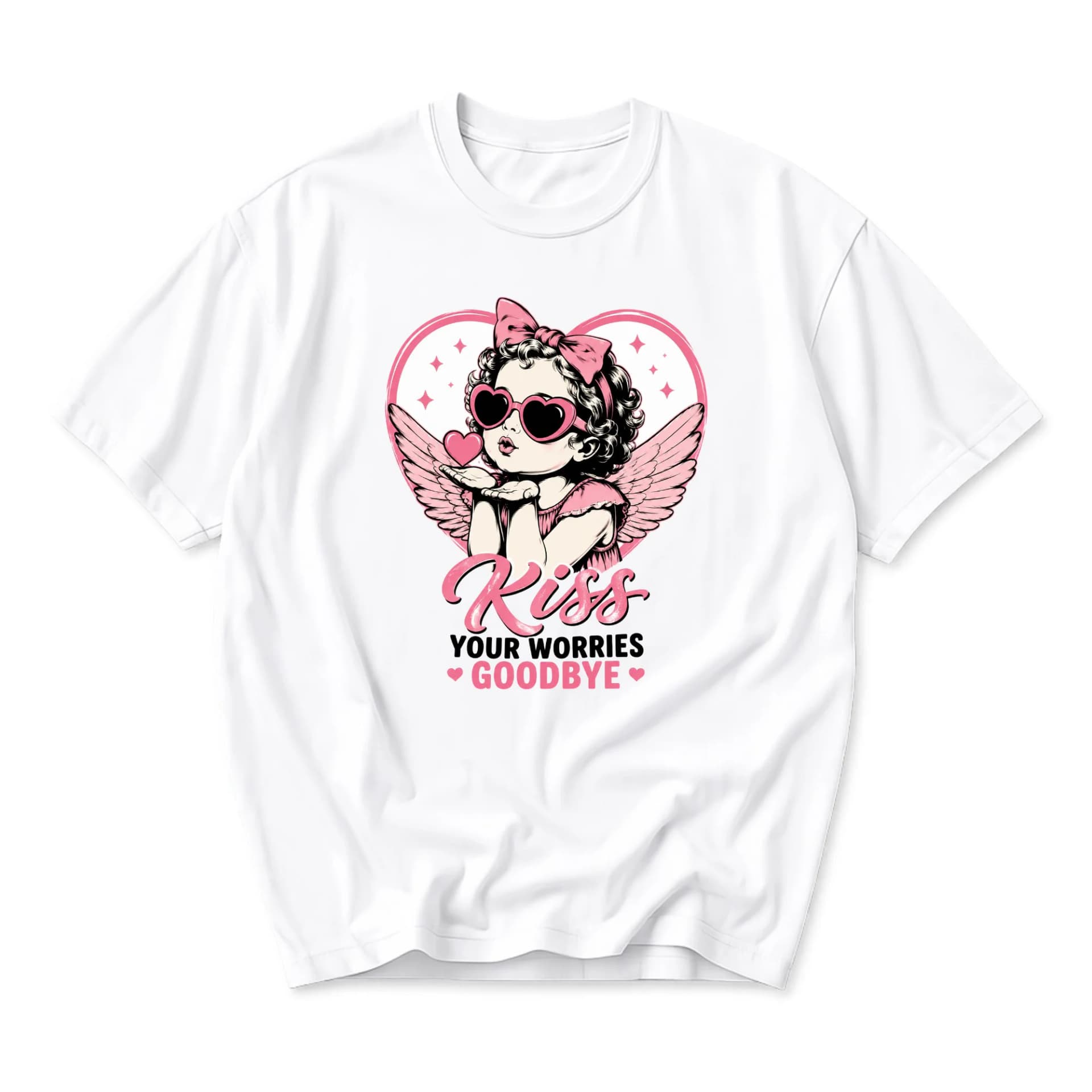 Graphic Tee Kiss Your Worries Goodbye Cupid Heart Sunglasses Illustration Unisex Casual Crew Neck Soft Cotton Shirt
