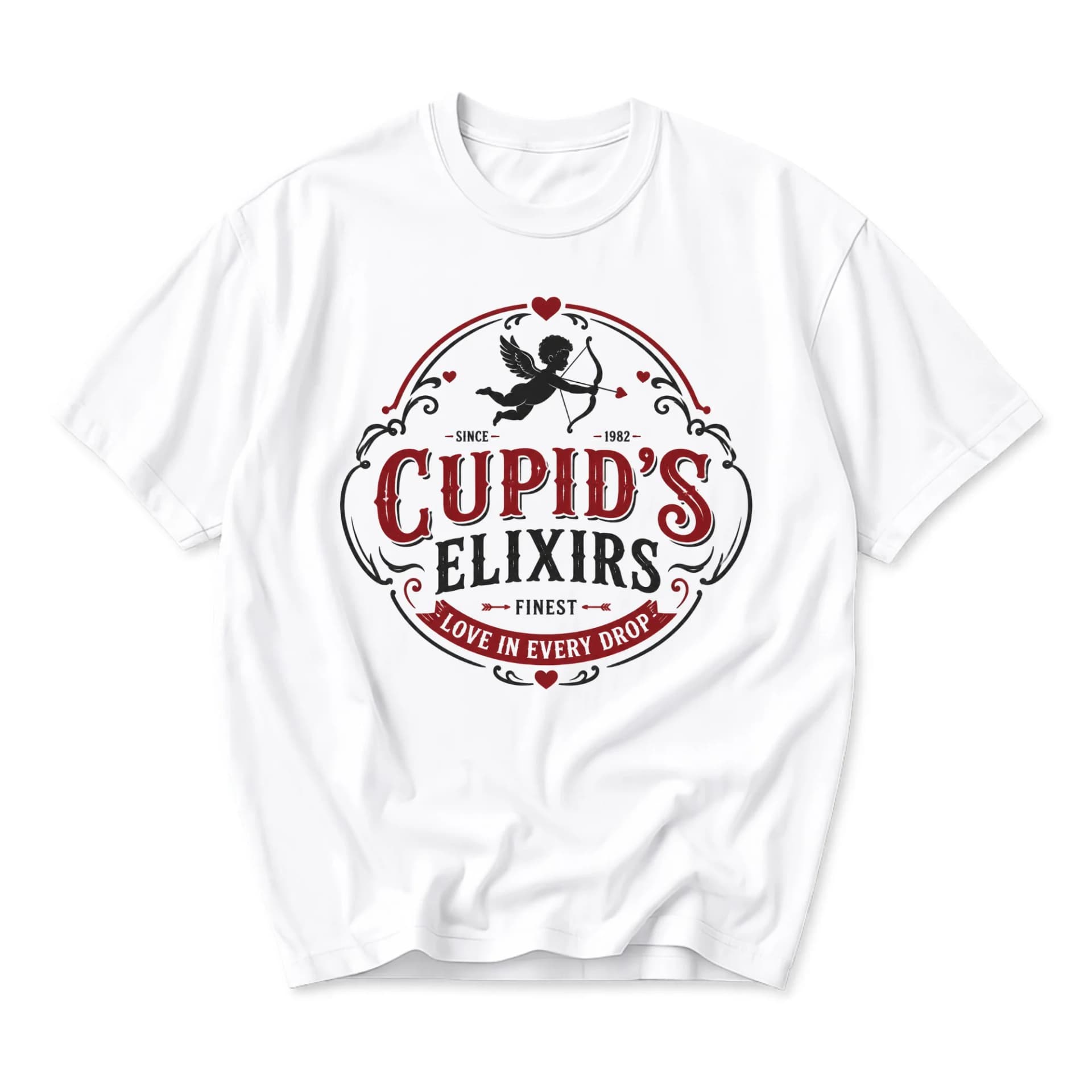 Graphic Tee Cupid's Elixirs Retro Vintage Style Unisex Crew Neck Short Sleeve Shirt for Casual Everyday Apparel