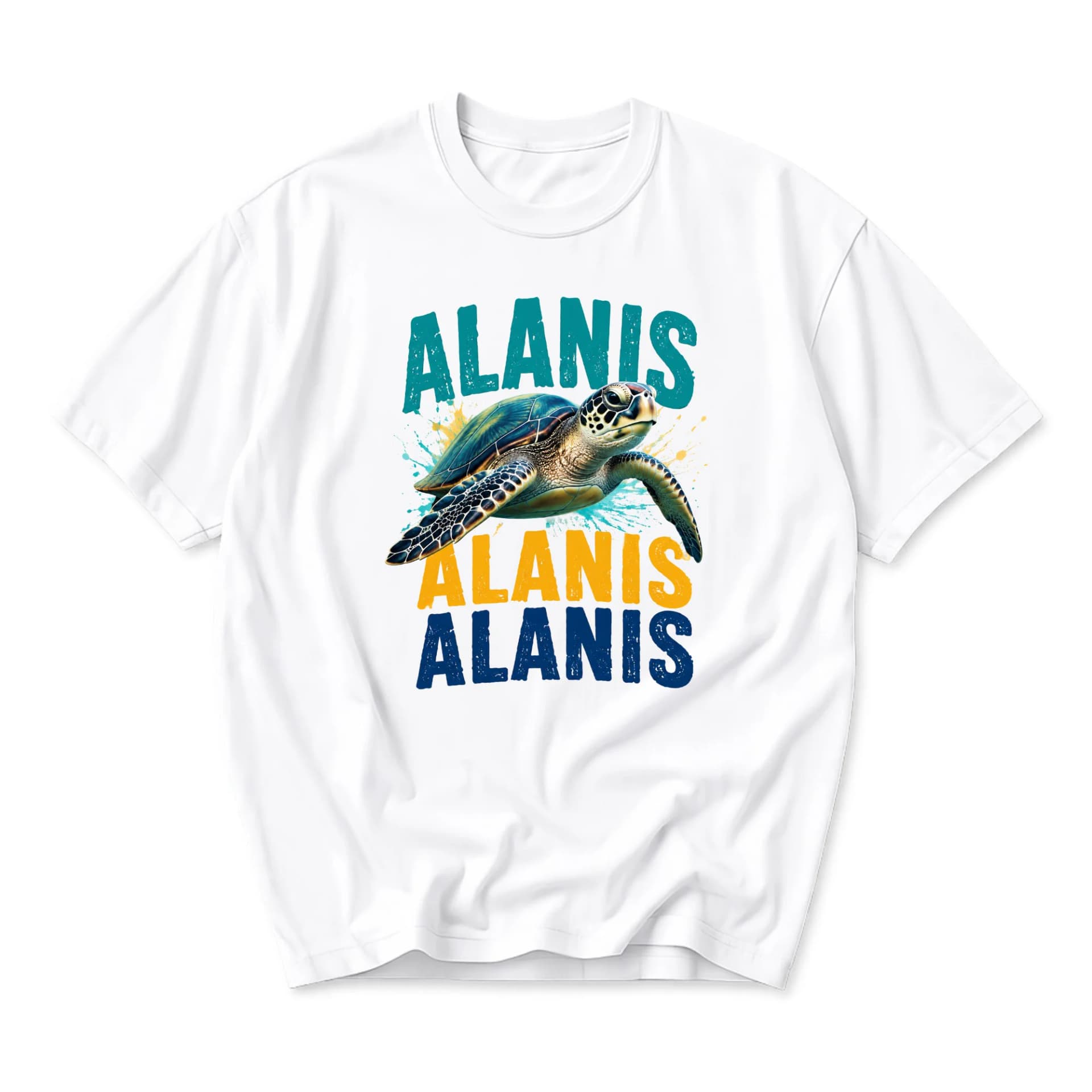 Graphic Tee Unisex Crew Neck T-Shirt Featuring Artistic Sea Turtle Illustration and Bold Colorful Text Graphic