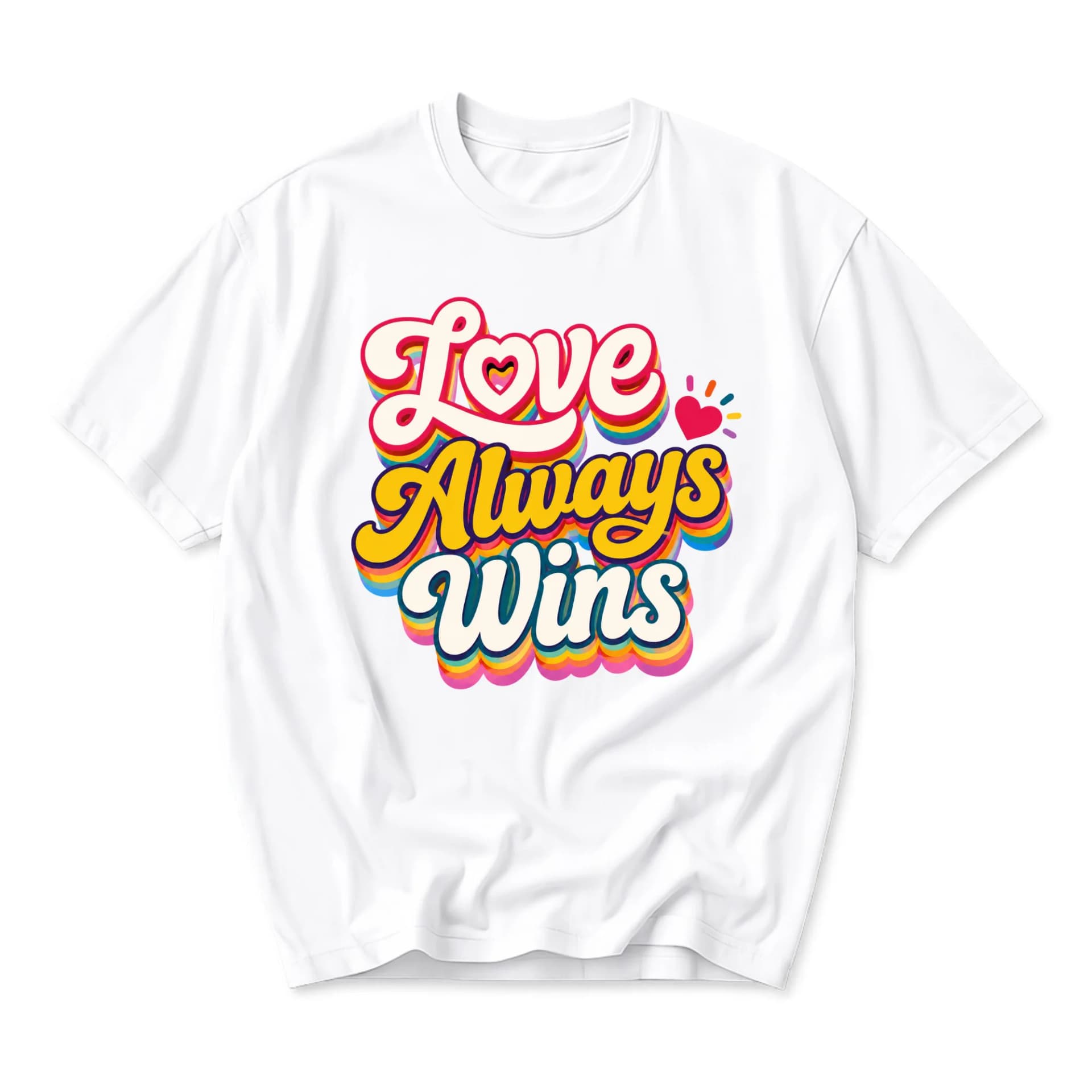 Graphic Tee Love Always Wins Retro Rainbow Typography White Shirt Casual Unisex Crew Neck Short Sleeve Top for Everyday